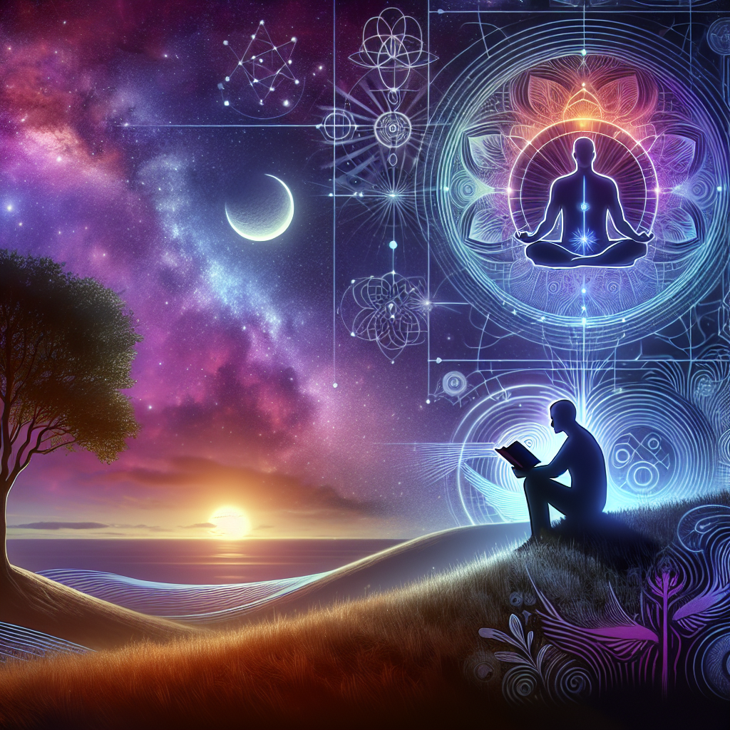 An image that visually represents the harmony between solitude, psychology, and faith. In the center, a figure sitting in quiet reflection, deep in thought, perhaps on a hilltop or under a tree, symbolizing solitude. The figure could be holding a book, indicating a quest for knowledge or representing the field of psychology. In the backdrop, a vibrant, twilight sky filled with stars touching the horizon, bringing an element of spirituality and faith. Include symbols of linear psychology diagrams and ethereal spiritual elements, illustrating the blend of science and faith.