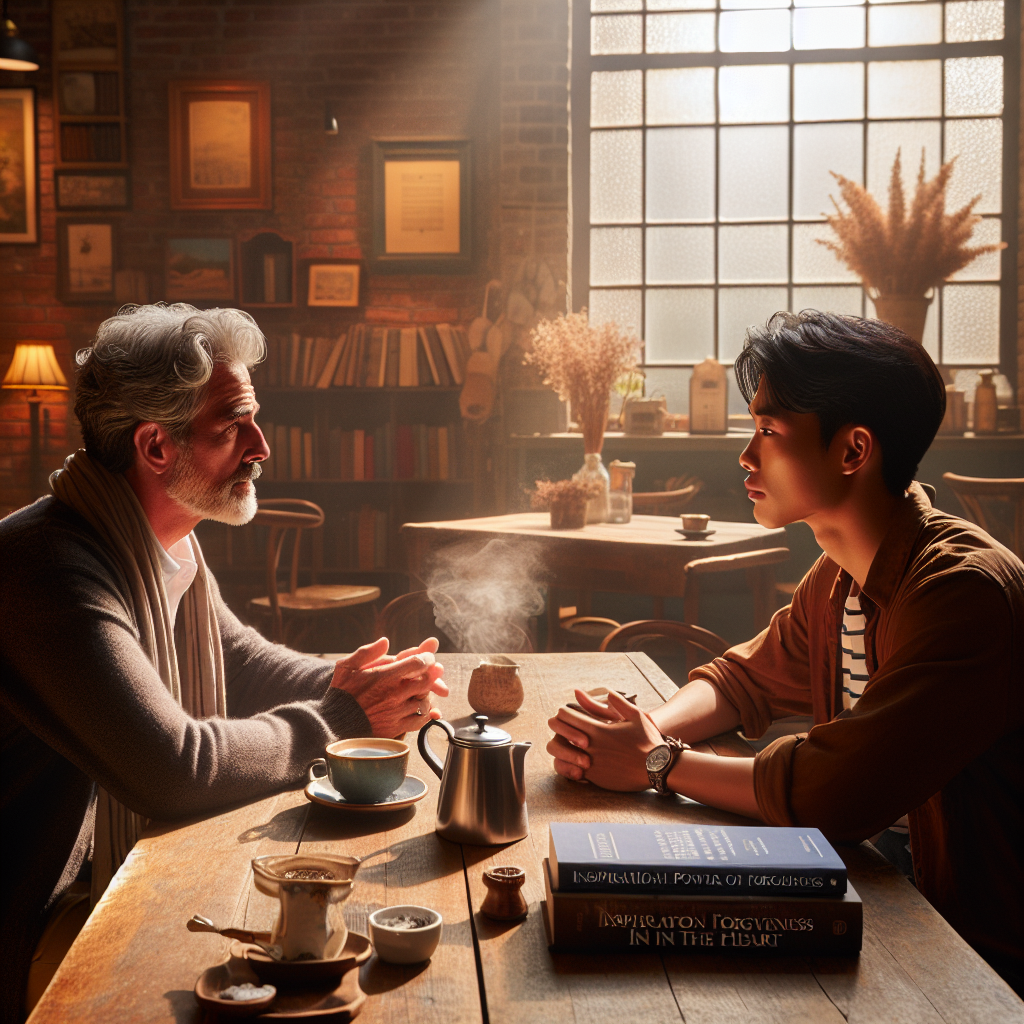 An image of a warm and cozy café ambiance, with two people sitting across each other on a wooden table. One individual, a middle-aged Caucasian man with gray hair, portrayed as a father figure, is engaging in deep conversation with a younger Asian man in his late twenties. The two people are sharing a pot of fragrant coffee, with steam rising slowly from the cups. The café has rustic decorations – brick walls, vintage furnishings, and a bookshelf with a variety of books. It's a sunny afternoon and a soft light is streaming through the window, illuminating the scene of reconciliation and forgiveness. On the table, there's a book titled 'Inspirational Power of Forgiveness in the Heart'.