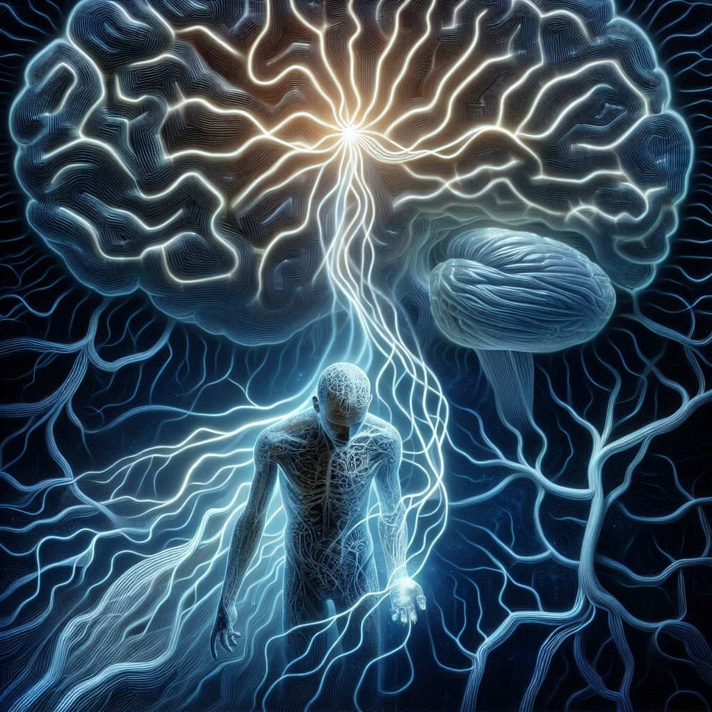 A visually profound image depicting the theme 'Excessive Thinking: The Soul's Revealing Fatigue'. A complex labyrinth of neurons illuminating a cerebral canvas. Interlacing lines symbolize complex thoughts. Above this, a weary soul embodied as an ethereal, translucent figure, appears to be weighed down. Its posture reflects exhaustion and resignation. Subtle gradients of blues symbolize the concept of fatigue. Despite the fatigue, the figure is seen valiantly trying to untangle the labyrinth. To provide a touch of optimism, a faint light at the end of the neuron maze depicts a glimmer of hope.