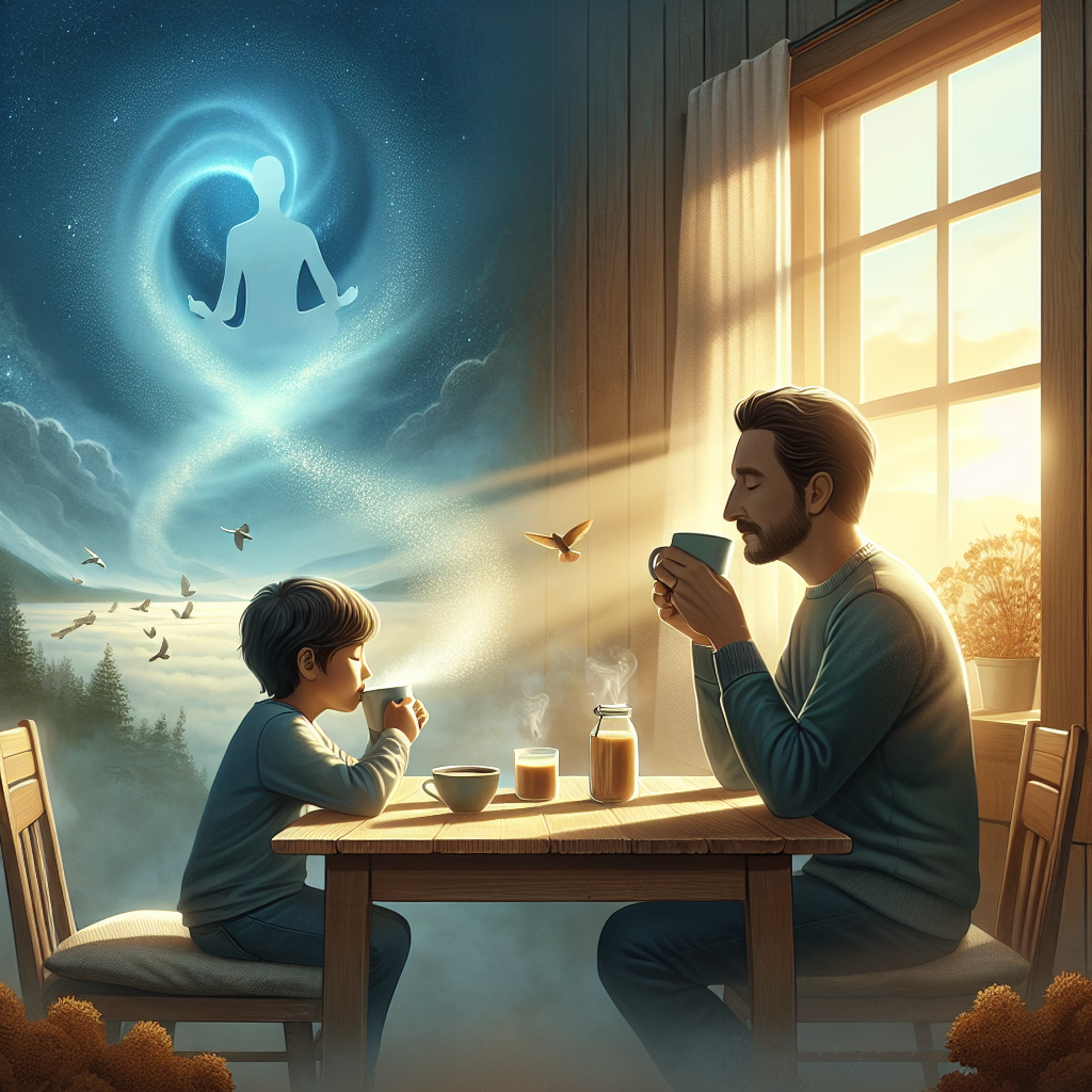 A scenic image representing tranquility and reconciliation. In the center, a father and child of Hispanic descent are sitting at a breakfast table, savoring coffee in peaceful morning light streaming through an open window. Their faces show signs of calm, warmth, and understanding. The air is filled with gentle wafts from the steaming cups of coffee. The room layout is simple, uncluttered, denoting a sense of calm. Also, there is an invisible, yet tangible transformation in the air, denoting forgiveness or 'Perdão' in Portuguese.