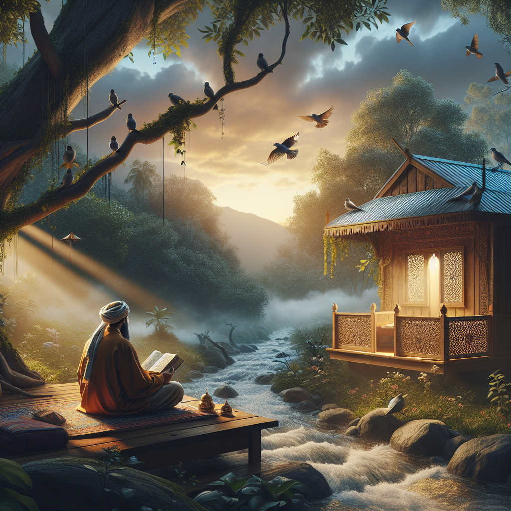 An illustrative scene related to a comforting religious sanctuary that could serve as a daily refuge. This spiritual scene includes soft lighting, a tranquil stream, a wooden prayer cabin nestled amidst thriving nature with birds perched on nearby branches. On the foreground, a person of South Asian descent is peacefully sitting with a sacred text on their lap. In the background, the first rays of dawn cut across a cloud-speckled sky, symbolizing the dawning of a new day. The atmosphere portrays an overwhelming sense of tranquility and peaceful solitude.