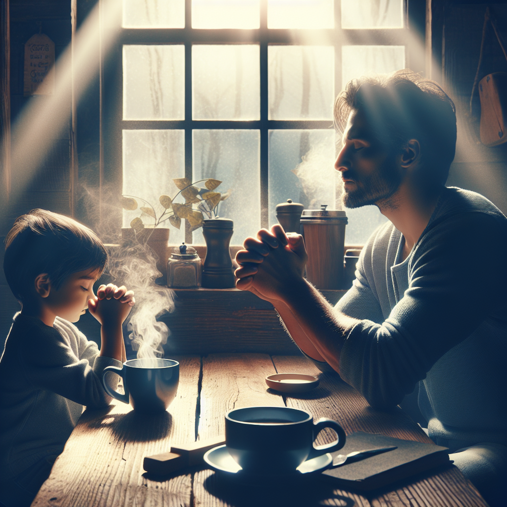 Visualize an image where a father and child of Hispanic descent are sitting in a cosy coffee shop, holding hands and peacefully praying. The scene is intimate and displays a warm, morning sunlight filtering through the window, casting a soft glow on their faces. In front of them, steaming mugs of coffee sit on the wooden table, adding a comforting note to the serene tableau. This image metaphorically represents the transformative ritual of prayer discussed in the article 'Coffee with Dad: A Transformative Prayer Ritual'.