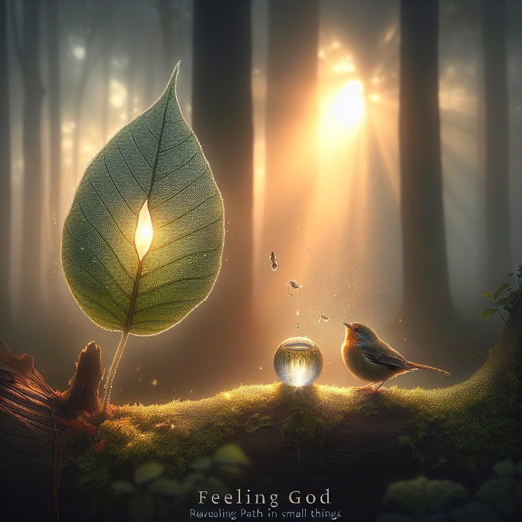 A captivating scene that manifests the concept 'Feeling God: Revealing Path in Small Things'. Imagine a gentle sunrise in a tranquil forest, casting soft light on a solitary dew-covered leaf, which is reflecting the brightness around it. Next to it is a small chirping bird, leaning to drink from a dew droplet as signs of life stir in the forest. In the background, an ethereal light seems to seep through the trees, forming the shape of a path. Capturing the essence of feeling God in the minor details of life, this picture should evoke a sense of divine presence and tranquility.