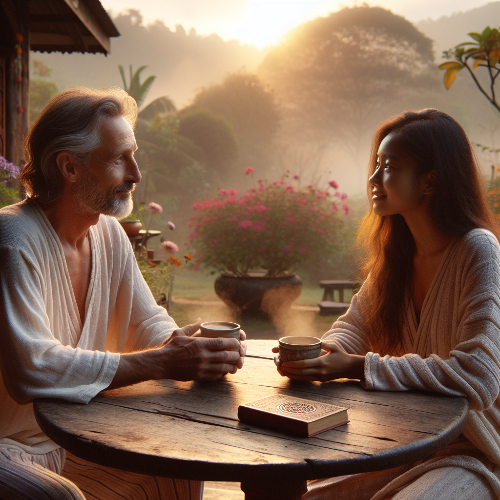 A serene moment of spiritual connection. A middle-aged Caucasian man and his South Asian daughter sitting at a rustic wooden table with two cups of steaming coffee. Both are in comfortable, casual attire, chatting softly under a tranquil early morning sky. They are in an open-air veranda with a lush garden blooming with diverse flowers in the background. A spiritual book, presumably to signify the spiritual pause, sits on the table next to their cups. The lighting suggests dawn, with the first rays of sunlight breaking through the gentle morning mist, casting a warm, golden hue over the scenery.
