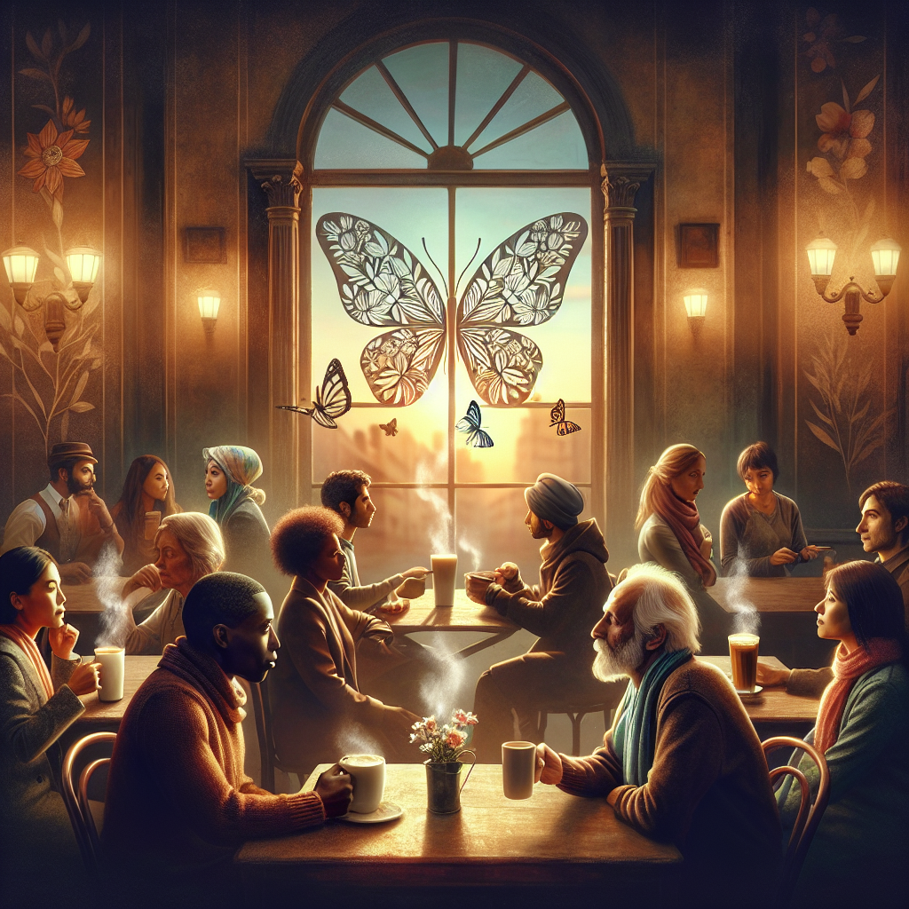 A serene image of an old-fashioned cafe, draped in the warm glow of evening light. Inside the cafe, people of diverse descents such as Hispanic, Caucasian, South Asian, Black, and Middle-Eastern are enjoying various steaming beverages. Their expressions show comfort, deep conversation, and a feeling of community fellowship. Some are sitting by the window, gazing thoughtfully into the distance, while others are exchanging stories at the chattering tables. Symbolic elements of transformation like a blooming flower or a butterfly are subtly present in the decor.