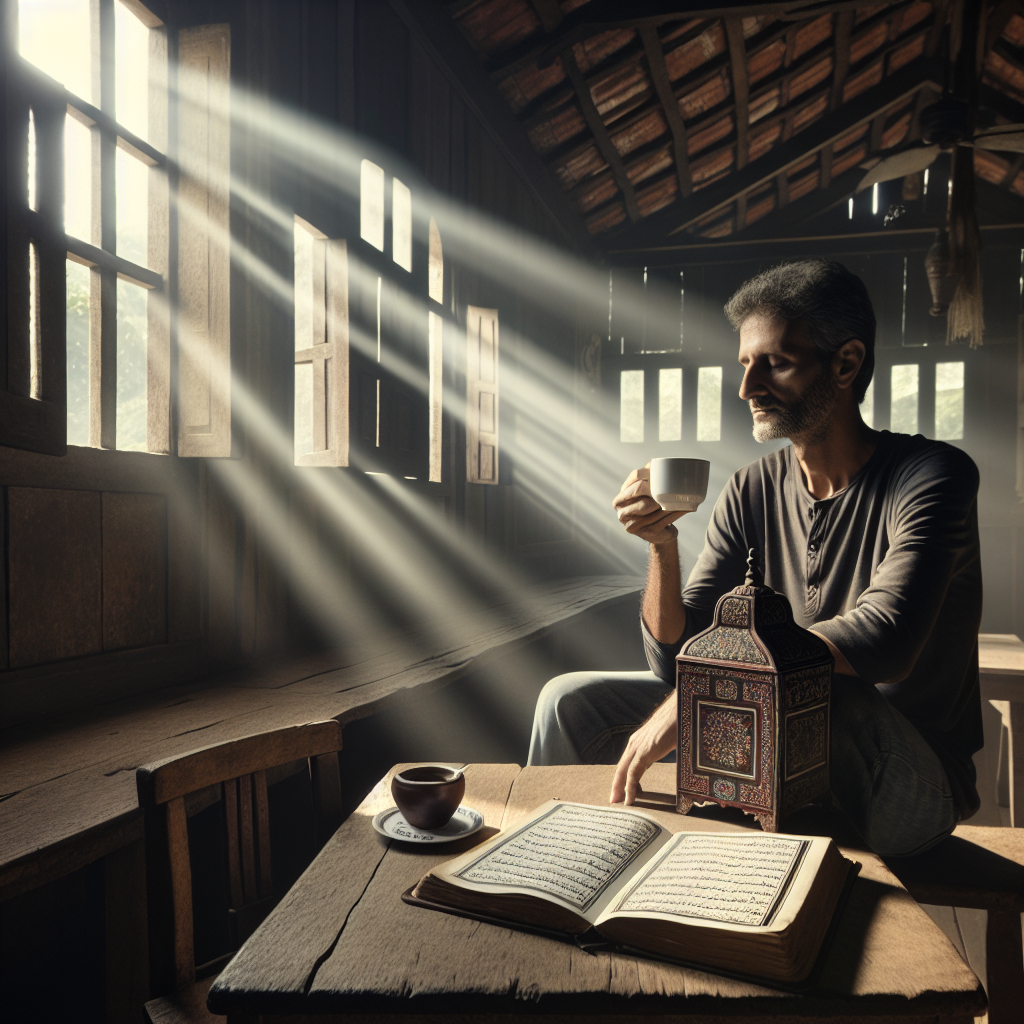 Visualize a serene scenario in traditional Brazil setting. A man in his middle-age, of South Asian descent, sitting with his cup of caf&eacute; in an antique, wooden cafe. On the table next to his coffee, there's an old, well-loved prayer guide. Rays of morning light filter in through the window, casting a soft glow on the scene. The overall vibe is peaceful and contemplative, suggesting the tranquility and spiritual connection found in routine prayer.
