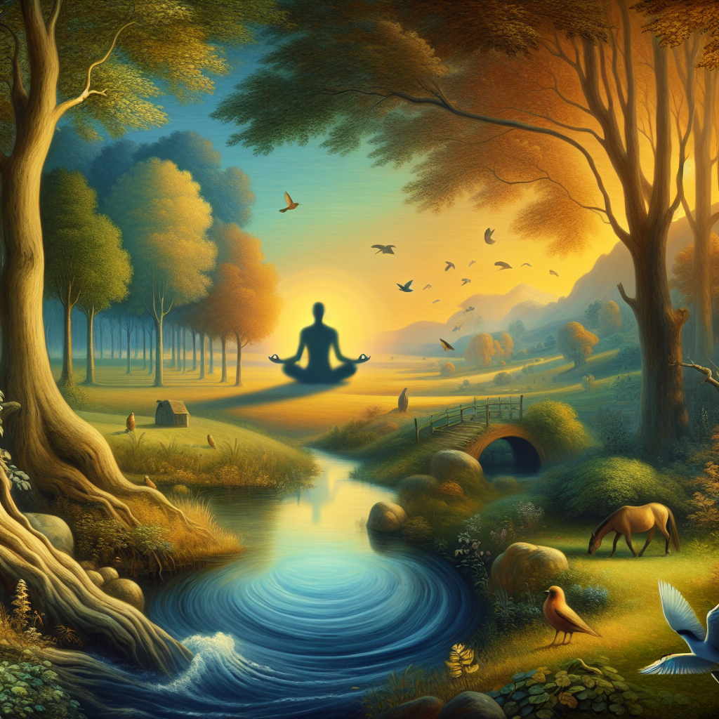 Create an image depicting a serene, tranquil scene that represents the themes of deep connection and silent revelation. In the center, there should be a figure meditating, focused on their inner world. Their surroundings should reflect a peaceful natural environment with trees, fields, birds, and a creek that enhances the idea of silence and connection. The overall visual style should lean towards romanticism, reminiscent of the works of artists such as William Turner, primarily worked in oil paints.