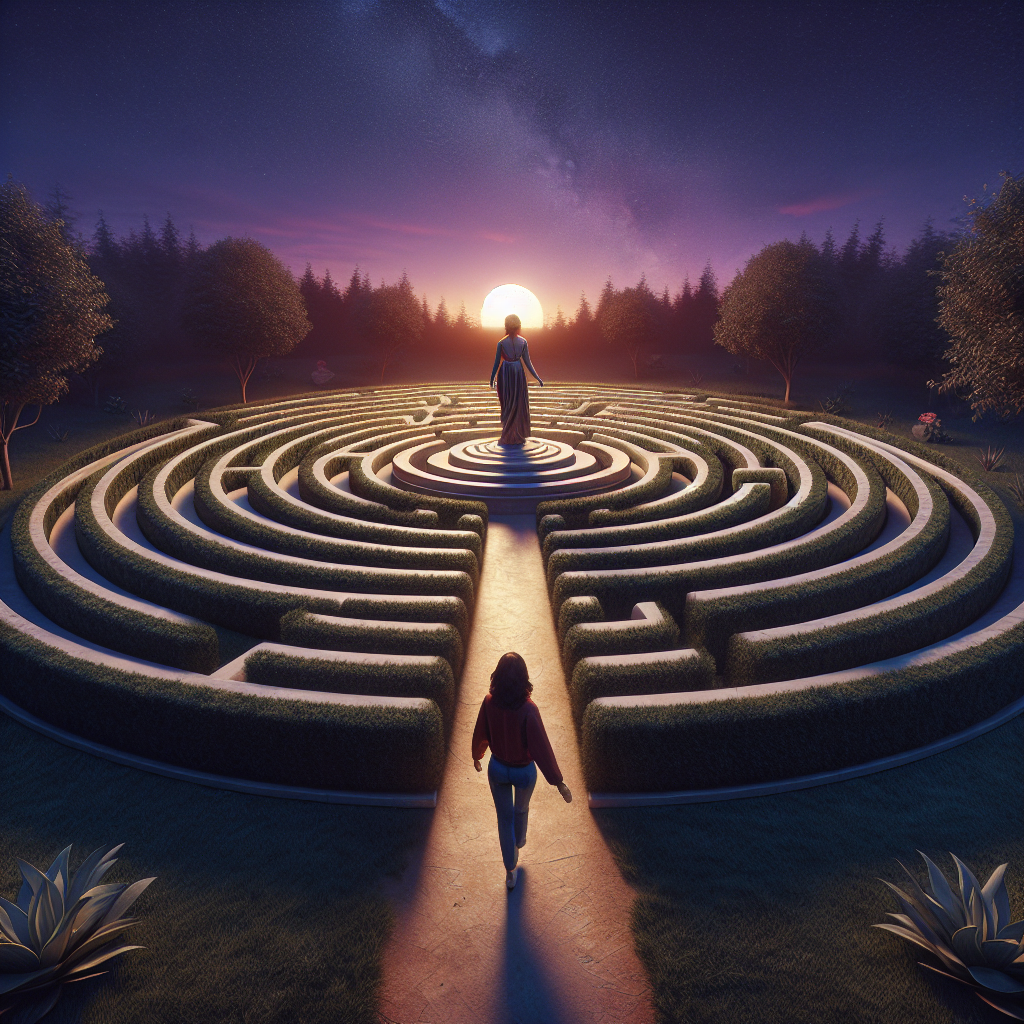 A serene garden at twilight with a centered, symbolic labyrinth made of stone. Overhead, the clear sky slowly transitions from a sunset's purple hue to the dark blue of night. In the foreground, an individual navigates through the labyrinth, representing a journey. The figure is a Middle Eastern woman, dressed in casual attire, indicating her struggle with social anxiety. Her body language is one of determination, telling the viewer that she is taking steps to work through her challenges. This is a metaphorical depiction of the concept of social anxiety and personal reflection.
