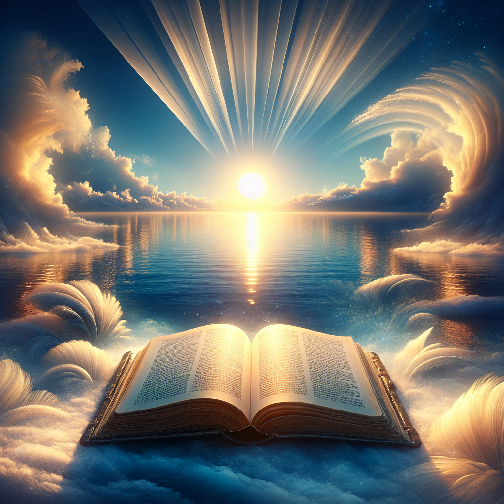 Visualize the serene scenario of a tranquil morning dawn breaking over a calm, sapphire-colored ocean with a soft golden sun beginning to peak on the horizon. Its radiant beams break through a feather-like stripe of clouds and touch the sea with delicate spots of light. In the foreground, there is an open, ancient-looking hardcover book filled with literary wisdom. Surround the scene with a faint ethereal glow to evoke the spiritual nature of divine communication. Make it appear as if God's words are whispering through the ambiance, echoing the notion of revealing and insightful mornings.