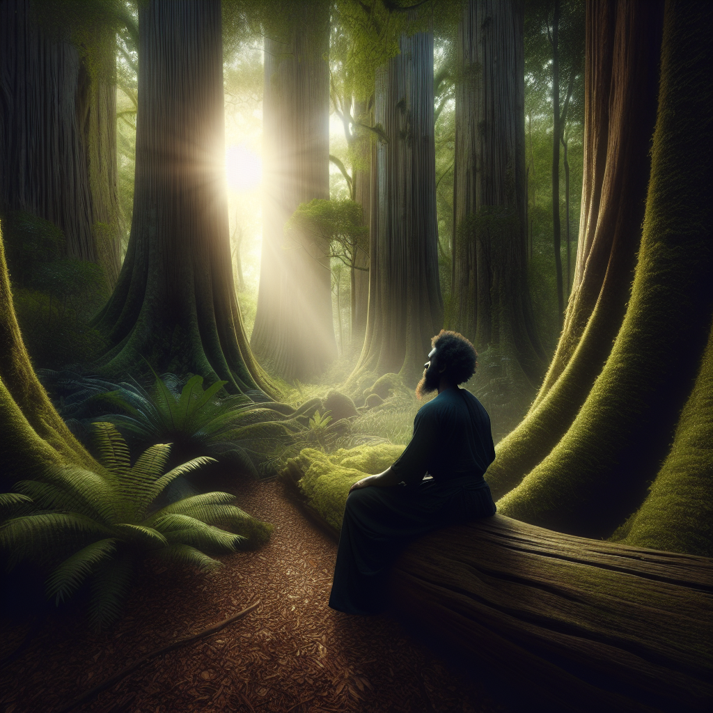 An image of a serene environment, possibly a tranquil forest with towering ancient trees and the soft whisper of leaves rustling in the gentle breeze symbolizing a divine presence. There's a gentle ray of sunlight piercing through the leafy canopy, illuminating a peaceful clearing below. A lone individual, a Black, middle-aged man, can be seen sitting on a wooden log, closed eyes, in a state of deep contemplation and peaceful silence. He exudes a sense of solitude, peace, and inner dialogue, creating an atmosphere of inspiration and connection with God.