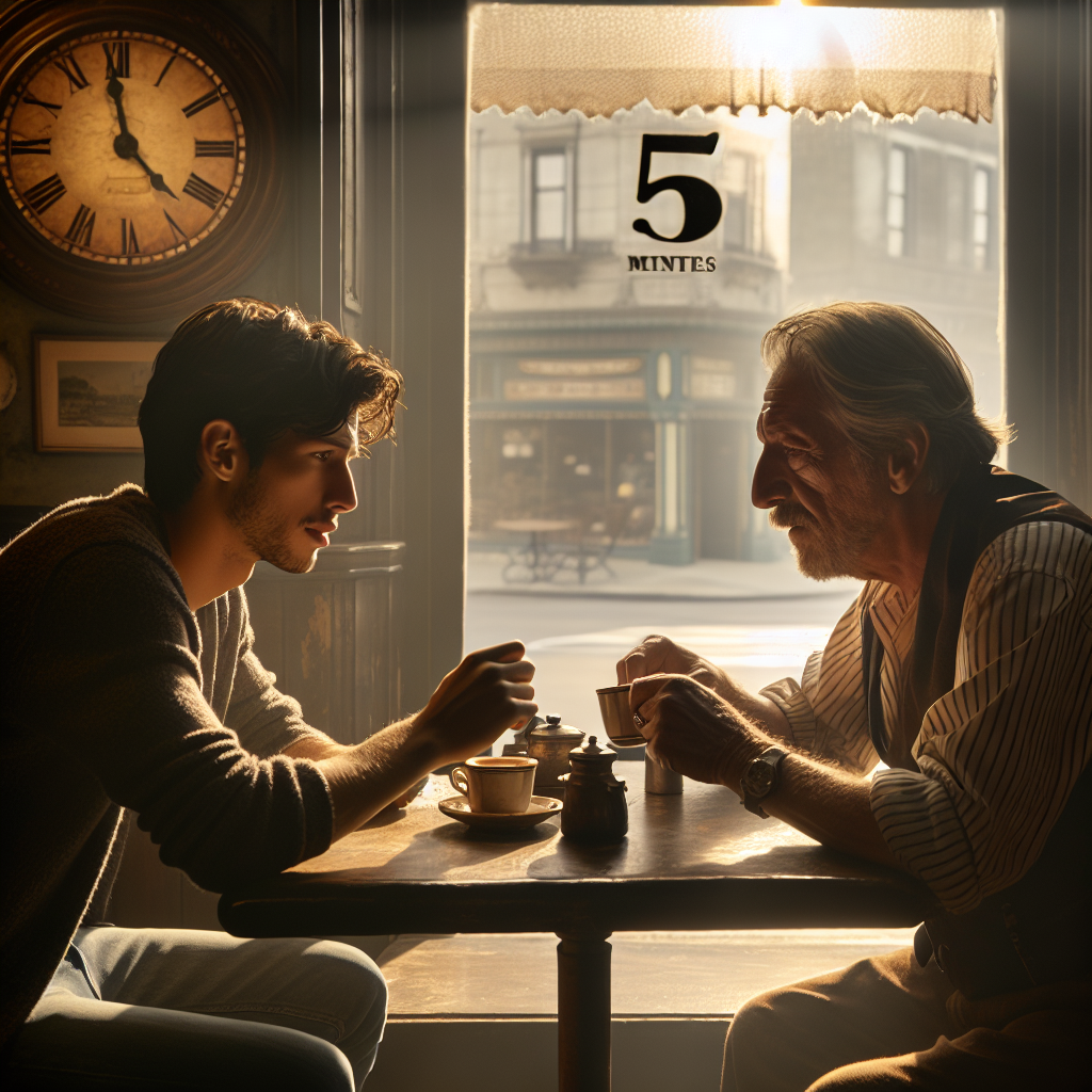 A heartfelt scene taking place in a cozy, rustic caf&eacute;. At a wooden table, a young Caucasian man and his middle-aged Hispanic father are deeply engaged in conversation over small cups of simmering coffee. Their body language and facial expression herald a powerful, transformative encounter between them. Outside the caf&eacute;, an early morning sun casts a soft, inviting light onto the streets. 5 minutes pass on the ornate antique clock on the caf&eacute; wall, emphasizing the brevity of this special moment between father and son.