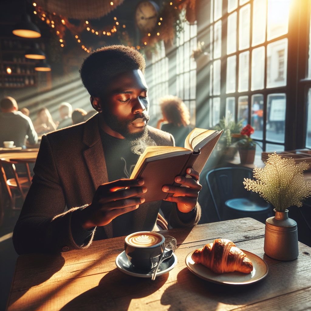 Picture a warm, cozy scene inside a caf&eacute; during early morning hours. The sunlight seeps in through the window and creates a soothing atmosphere. An black man sits at a wooden table, engrossed in reading a devotional book. His eyes show his serenity and reflection in his reading. The table is adorned with a steaming cup of coffee, croissant and a little indoor plant which adds to the tranquility of the scene. The caf&eacute; scene backdrop capture a diverse crowd of people. Create a feeling of intimacy and solitude, highlighting the transformative power of the devotional habit.