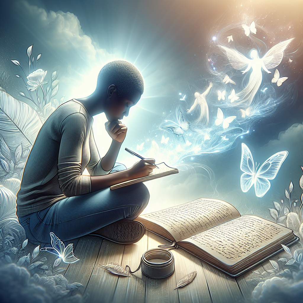 Depict a serene and tranquil setting showing a person engrossed in their personal prayer and reflection. Beside them is a journal, its pages filled with handwritten reflections. Elements of the environment should portray this transformative power of prayer, like a radiant glow from the person or surroundings subtly morphing. The person can be a Black woman with short hair, dressed in comfortable clothing. Try to capture the essence of spirituality, transformation, introspection, and the power of written words in this image.