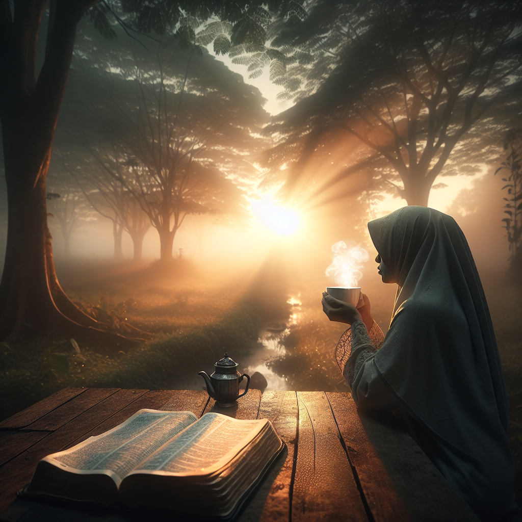 Visualize a serene scene in the early morning. A middle-eastern woman sits alone at a rustic wooden table sipping a cup of steaming coffee. In the foreground, an open, courier-worn Bible can be seen, capturing the beautiful glow of the rising sun. The ambient is calm, filled with the sweet melodies of chirping birds. The aura emanating from the scene implies a deep spiritual connection, indicative of a conversation with God. Trees in the background, lush with morning dew, further enhance the tranquility of the environment, suggesting a moment of profound meditation.