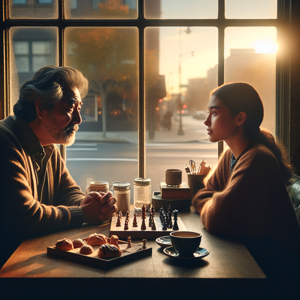 An intimate scene inside a cozy, warmly lit caf&eacute; during the late afternoon hours. A middle-aged South Asian man and a young adult White woman sit opposite each other at a wooden table strewn with coffee cups, pastries, and a game of chess. Both are deeply engrossed in a thought-provoking conversation. The man's wise gaze meets the woman's curious eyes as their expressions reveal the transformative nature of their shared moment. Outside the caf&eacute;, a serene urban landscape bathed in sunset colors can be seen. The window casts a soft golden hue over the scene.