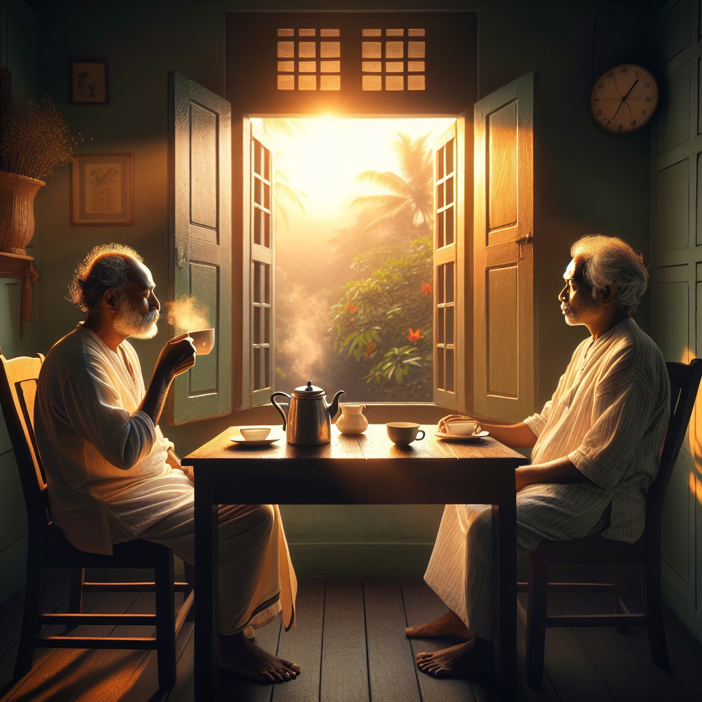 A serene image of an early morning sunrise, casting a warm glow on a quaint kitchen table set for two. One chair hosts a middle-aged South-Asian man in comfortable clothing, nursing a cup of steaming coffee, the aroma wafting up from the cup. Opposite him, a second empty chair awaits, a fresh cup of coffee untouched on the table. Framing this scene is an open window that provides a view of a tranquil garden, its beauty magnified by the glowing sunrise. A hint of wisdom and simplicity radiates from this peaceful moment shared over a morning brew.