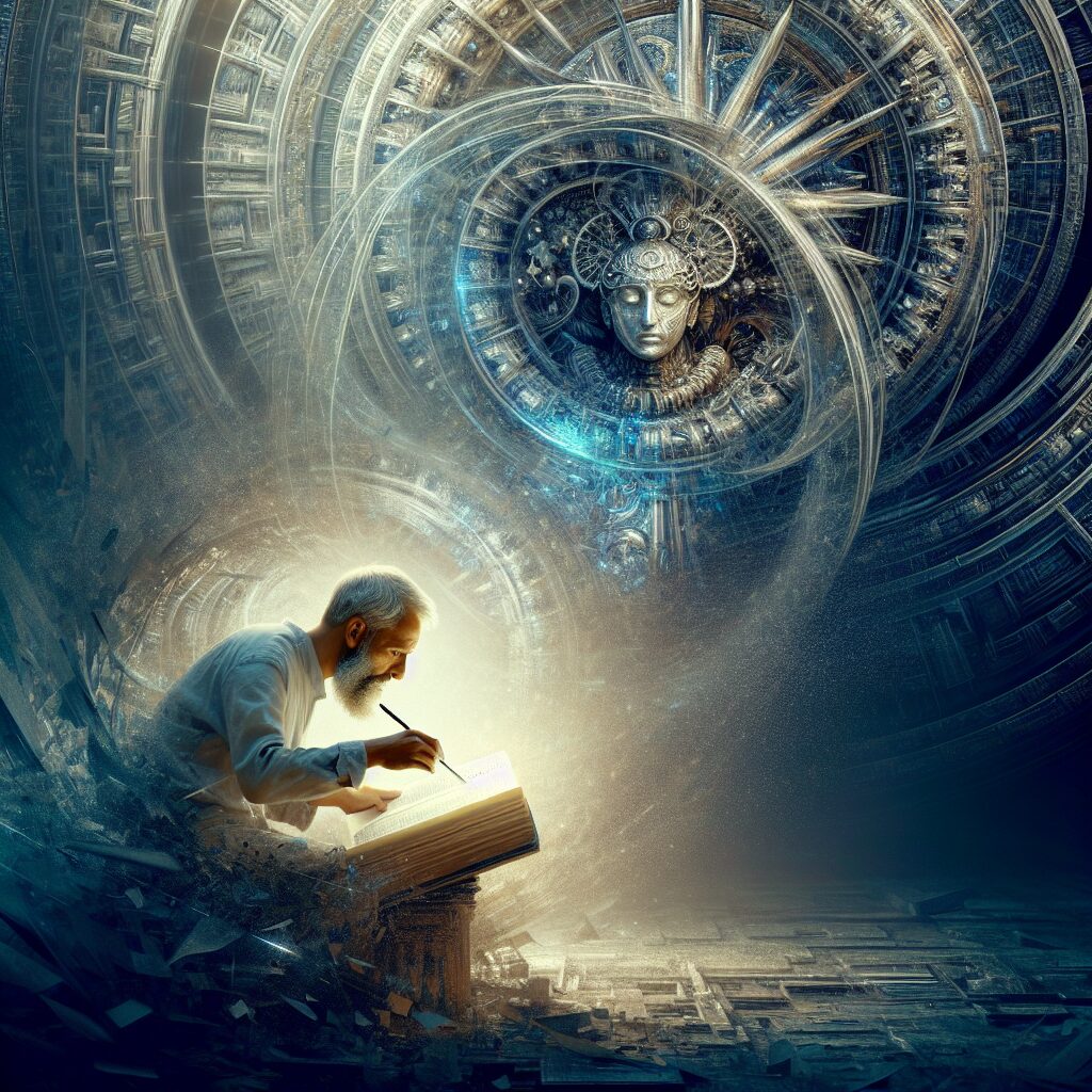 Create a high-quality, relevant image that could be used to illustrate an article about 'Perfectionism: The Transforming Effect of Grace'. This image might show a scene in which an individual of Hispanic descent is meticulously working on a large, intricate sculpture. The individual is shown straining under the pressure of their own standards. Behind them, a soft light of grace starts to permeate the scene, easing the tension on their face and transforming the environment into a more serene, peaceful setting.