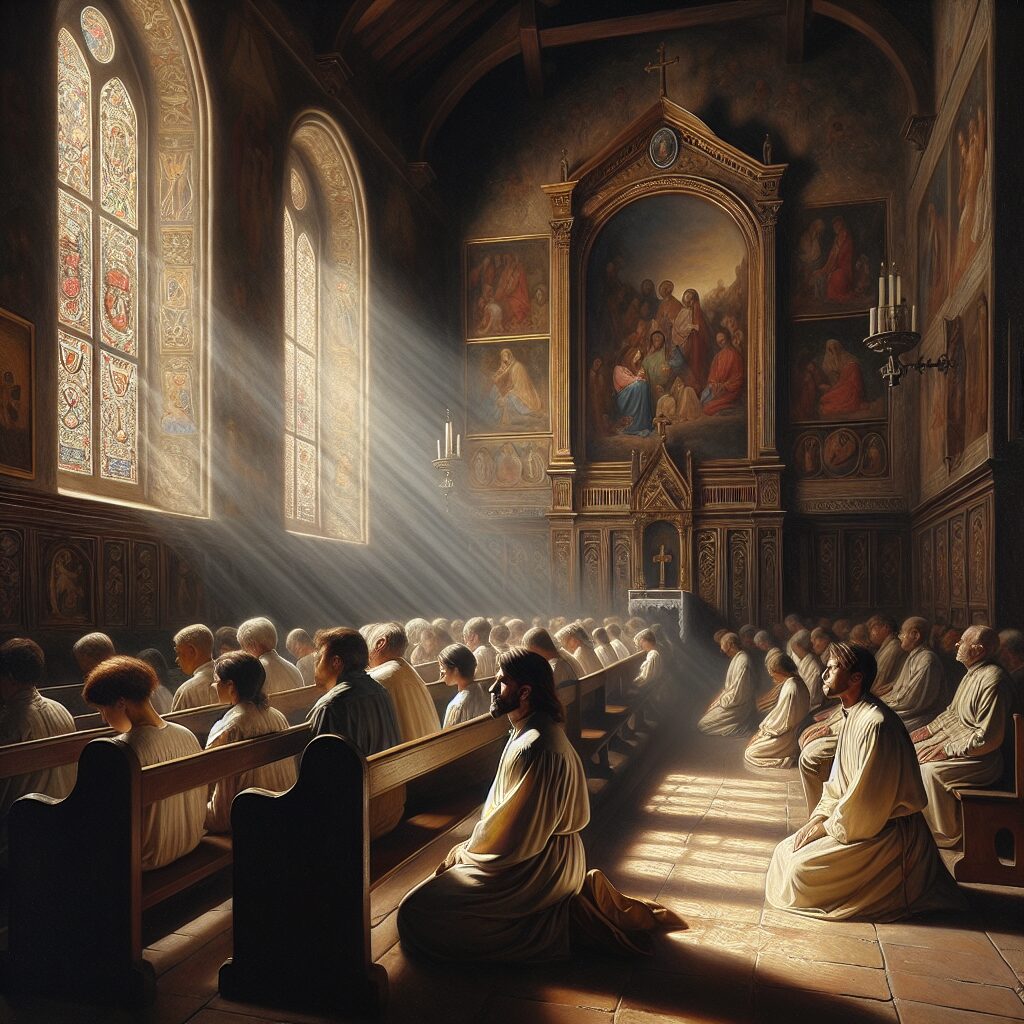 Visualize an emotive scene of daily communion: A diverse range of individuals, including a Middle-Eastern woman and a Hispanic man kneeling in peaceful devotion within an old, quiet chapel. Sun rays are filtering through intricate stained-glass windows, casting a dappled light across the people, wooden pews, and walls adorned with religious symbols and art in a style reminiscent of Italian Renaissance painters, achieved with oil paint. The predominant feeling is one of closeness, connection, and profound tranquility.