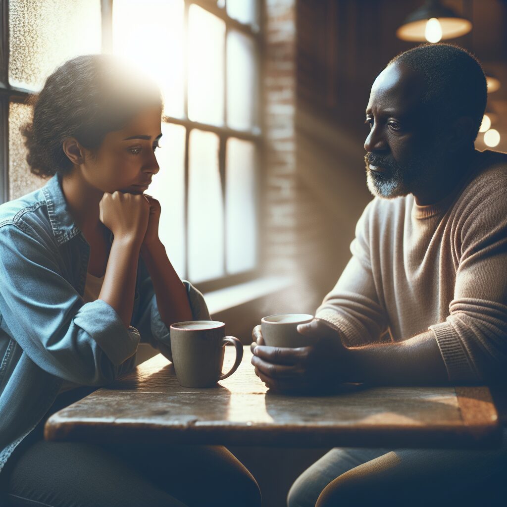 Create a high-quality image that serves as a compelling visual representation for an article on spiritual sadness. It encompasses the profound reflection with a parent during a coffee time. The setting is in a quiet, peaceful coffee shop, filled with the soft daylight penetrating through the large window. They sit at a small wooden table, each cradling a warm mug of coffee in their hands. The parent figure is a Black male, showing wisdom and calmness in his eyes. The other person is a Hispanic female appearing pensive, deeply engrossed in meaningful conversation about spiritual matters. Show the profoundness of the moment.