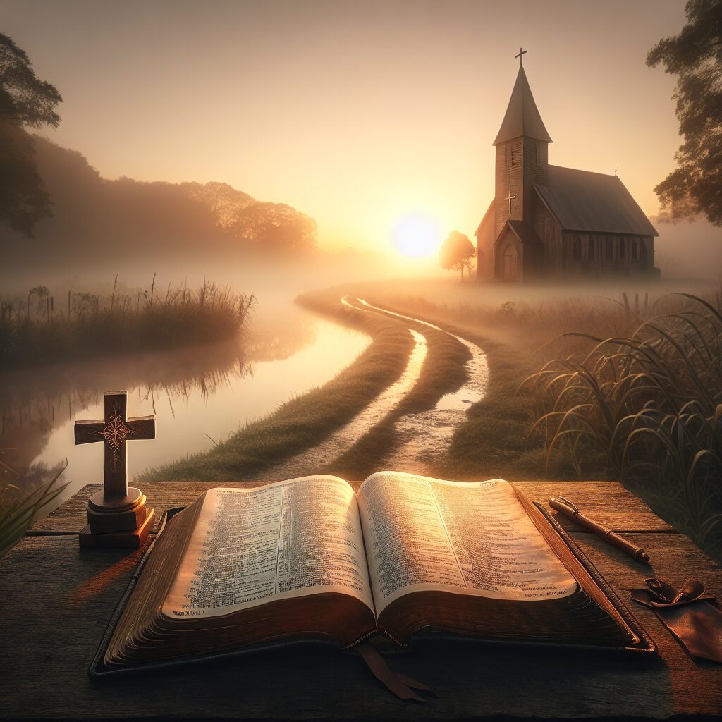 Imagine a serene natural landscape at dawn, symbolizing the beginning of a Christian's spiritual journey towards understanding anxiety. In the foreground, an open, ancient Bible rests over a rustic wooden table near a pond, with verses of comfort turning golden as the first rays of sunrise touch upon them. A small wooden cross stands boldly next to the bible, depicted as a tangible reminder of faith amidst this arduous endeavor. Far in the distance, we can see the church, slightly obscured by the gentle morning mist. A path illuminated by soft light leads from the scripture in the foreground towards this distant sanctuary.