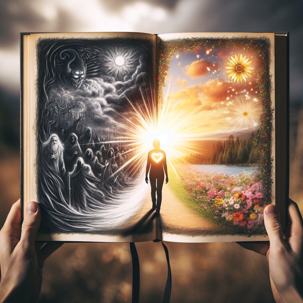 Visualize an open book against a blurry background. On the left page, show a dark, stormy scene with shadowy figures and looming threat, representing fear. On the right page, depict a bright, warm, sunny landscape filled with flowers, trees and a calm river, symbolizing love. Between the two pages, a figure of mixed racial descent emanates a radiant light, their posture confident and serene as they make the transformation from fear to love, with peace and clarity in their eyes. They're reading the book, symbolically turning the page from fear to love.