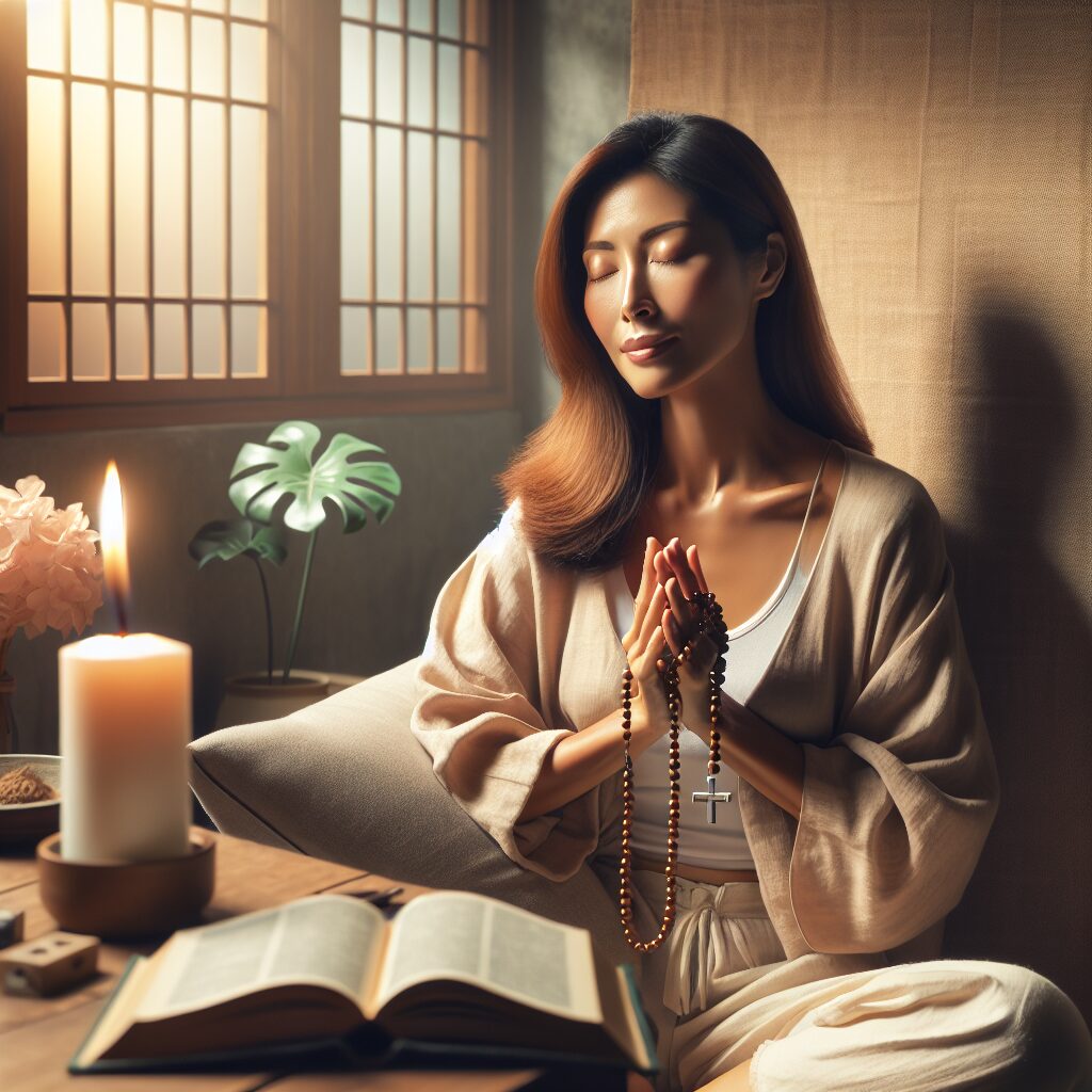 Visualize a serene scene capturing the essence of mental peace brought by prayer. Included in the visual should be a calm, tranquil space, perhaps a quiet room with gentle sunlight filtering through the windows. An Asian woman, in her early 40s, is seen in a relaxed, meditative posture, her eyes closed and a serene expression on her face. She holds rosary beads in her hands, suggesting the act of prayer. Her attire is simple and comfortable, aligning with the peaceful atmosphere. Surrounding her are symbols of spirituality and serenity, such as a lit candle, an open book perhaps a holy scripture, and a blooming plant. The overall colors should impress a calm, tranquil mood, with soft, luminous tones.