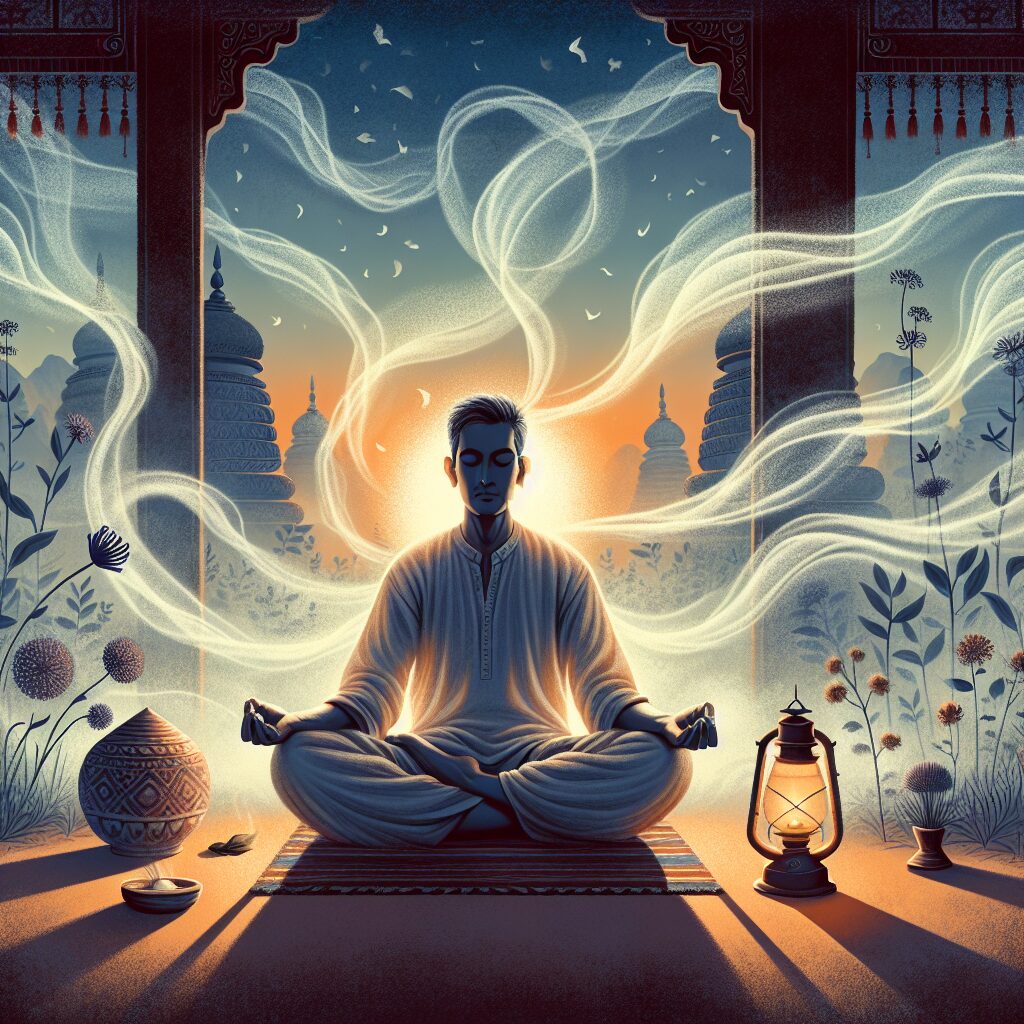 Illustration for an article focusing on the concept of spiritual energy loss. The scene could contain an individual meditating, with their posture somewhat slouched, representing the draining of energy. The individual can be a middle-aged South Asian male, clothed in traditional meditation attire. The surrounding air manifests visible wisps, symbolizing escaping energy. The ambiance is tranquil but with undertones of melancholy. Various symbolic features such as wilting flowers, a dimly lit oil lamp, and a calm yet fading sunset in the background can be added to enhance the theme of declining spiritual vitality.
