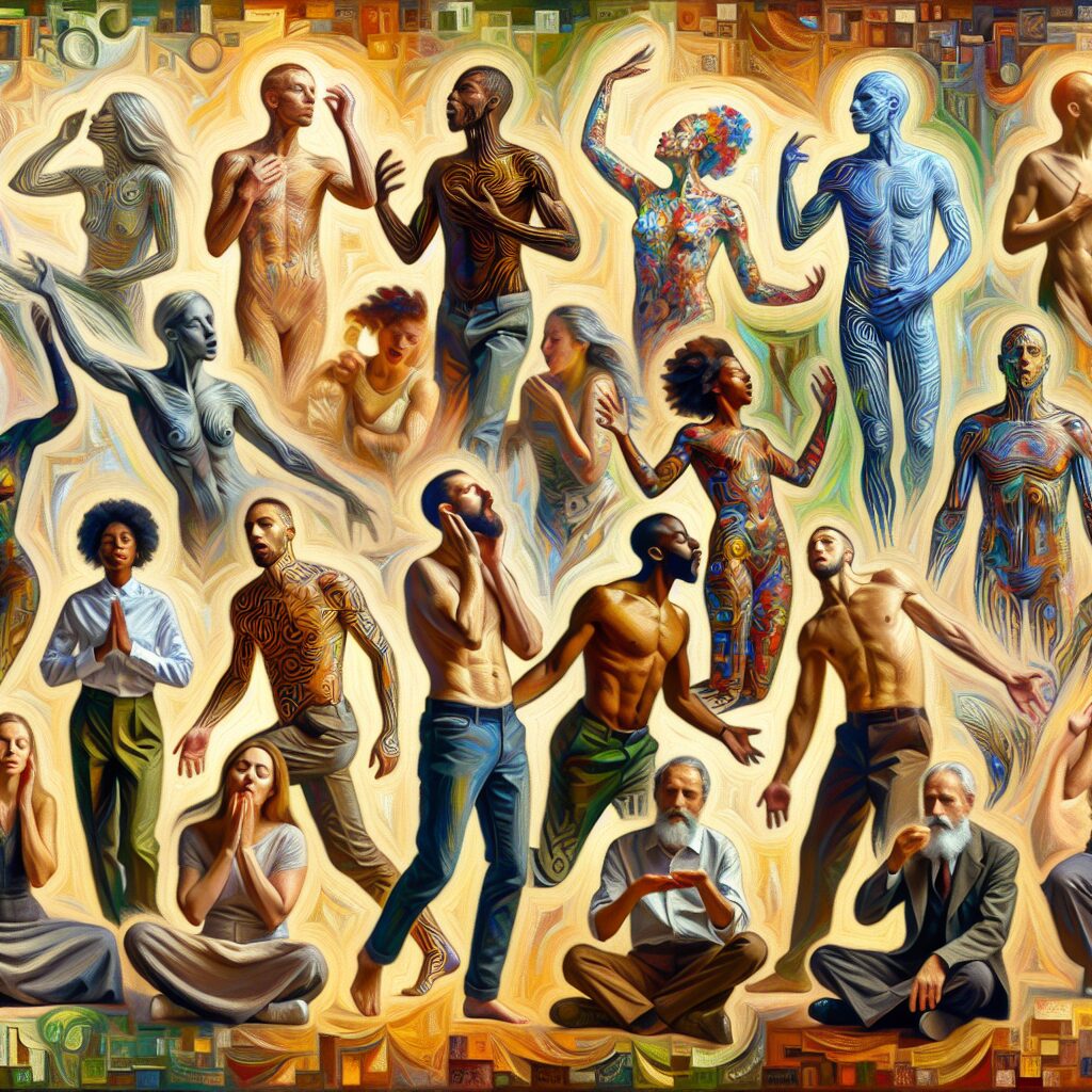 Generate an image illustrating the concept of 'When the Body Speaks: Discover Soul Revelations'. The composition should feature a diverse group of people from diverse descents such as Caucasian, Black, Hispanic, Middle-Eastern, and South Asian. Highlight the human body expressing inner emotions through various gestures and postures with each individual person reflecting their unique story. The color palette should evoke a balance of energetic, yet soothing tones reminiscent of late 19th-century Impressionism, and the medium effect should mimic that of a traditional oil painting.