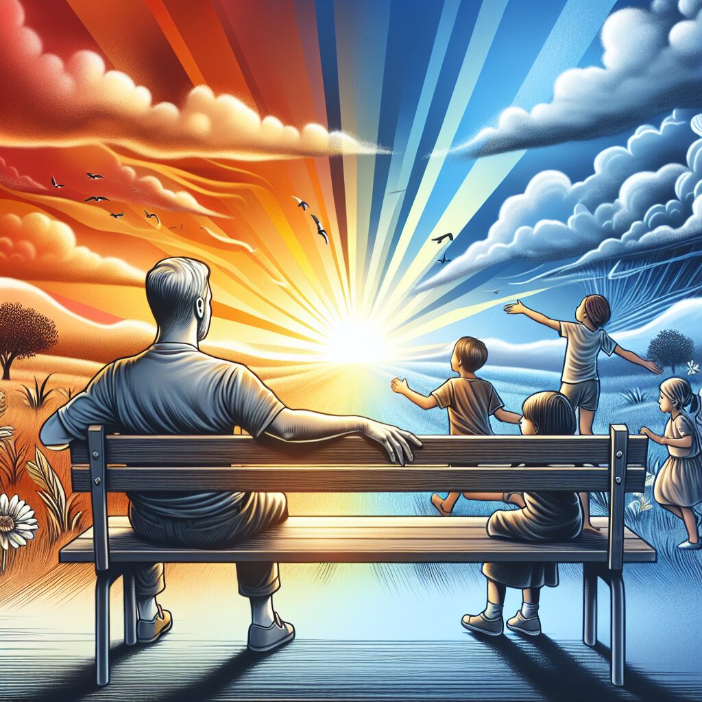 Visualize an image depicting the concept of rediscovering joy after a period of loss or difficulty. The focal point should be an individual sitting on a park bench, immersed in the beauty of a sun-soaked landscape. The individual's face should express a sense of peace and joy as they watch children of different genders and descents, like Hispanic and Middle-Eastern, play without a care in the world. The formerly gray skies should be parting, replaced by a breathtaking and vibrant sunset, symbolizing hope and renewed happiness.