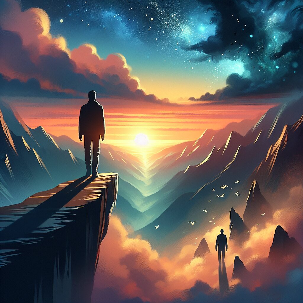 Create a comforting and inspirational image which depicts the journey of overcoming the fear of attachment. Show an individual standing at the edge of a high cliff, looking down into a valley filled with dark shadows, symbolizing their fears and insecurities. Further beyond is a beautiful sunrise, painting the sky with warm colors and light, symbolizing hope and new beginnings. The individual is starting to take their first step towards the valley, symbolizing the initial steps towards overcoming fear. Keep the individual anonymous and gender-neutral.