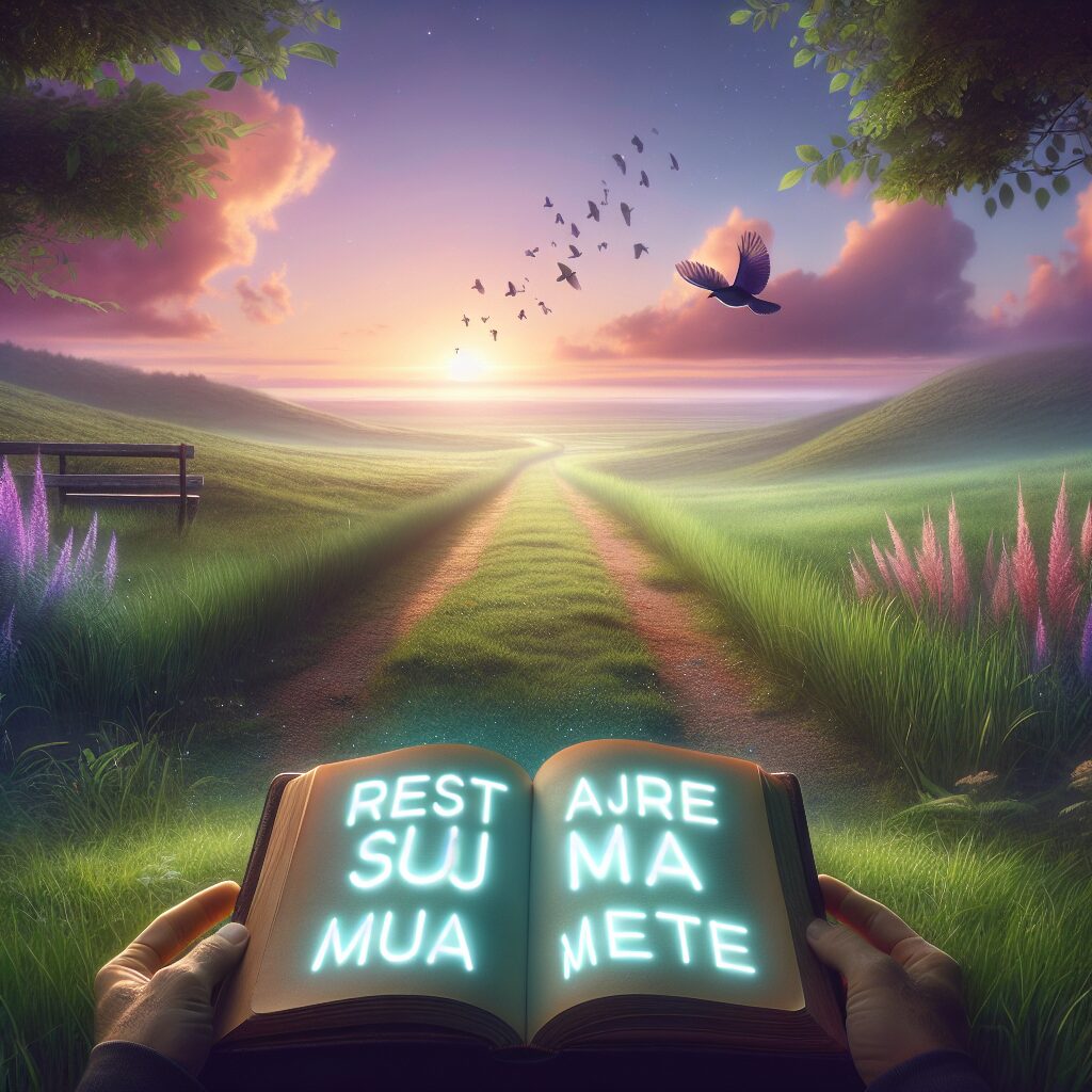 Visualise a serene and calm setting, perhaps an isolated spot in nature. On the foreground, an open book, depicted prominently with glowing words 'Restaure Sua Mente' on its pages. On the background, a footpath winding through lush green grass, leading towards a horizon where the sun is either rising or setting, painting the sky with soft shades of pink, orange, and purple. Birds are soaring in the sky, expressing a sense of freedom. The atmosphere is peaceful, promoting tranquility and reflection, evoking feelings of restfulness and psychological restoration.