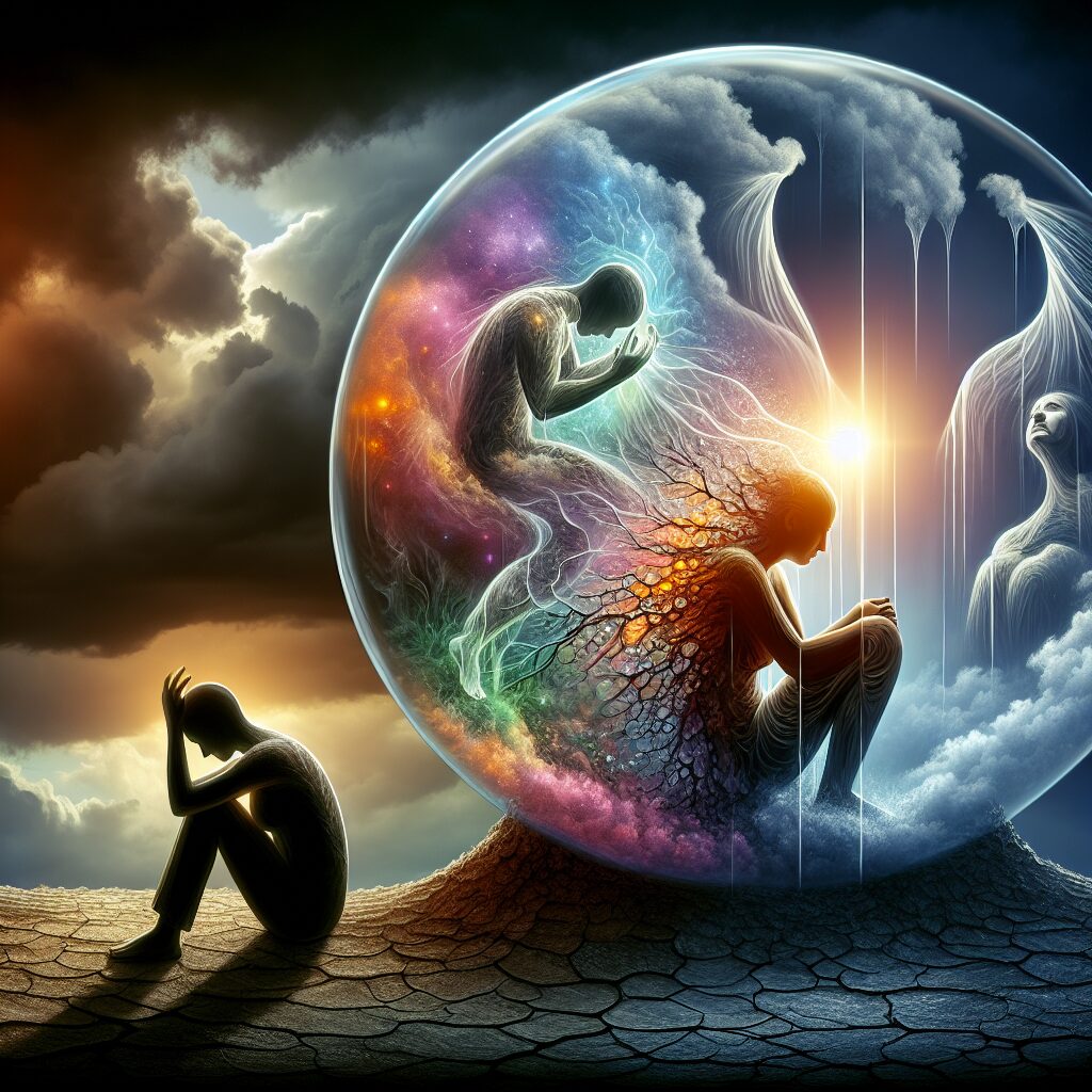 An image showing the abstract concept of emotional guilt transforming into strength and personal growth. On one side of the image, the notion of emotional guilt is depicted as a person sitting alone, encased in a translucent bubble reflecting somber colors, with their head in their hands. A portrayal of worry and sadness can be seen on their face. This individual could be of Hispanic descent. On the other side, the bubble starts to crack and light emanates from inside, illustrating the transformation. The person, now standing and appearing resilient, uplifts their face towards the emerging light, signifying recovery. This individual is Female, of Middle-Eastern descent. In the background, the transition from a stormy sky to a clear one is shown, representing a journey of overcoming emotional guilt.