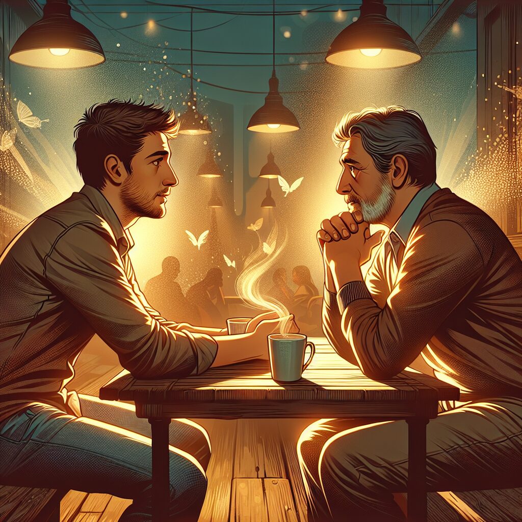 Illustration of an intimate emotional situation where a middle-aged Hispanic man and his adult Caucasian son are having a deep conversation over coffee at a cozy caf&eacute;. They are sitting face to face at an aged wooden table, surrounded by the warm glow of cafe lights. Both are deeply engaged in their conversation, expressing a mixture of emotions - relief, vulnerability, and love. The atmosphere around them is rich with warmth and sincerity, embodying the transformational healing aspects of a heartfelt confession.