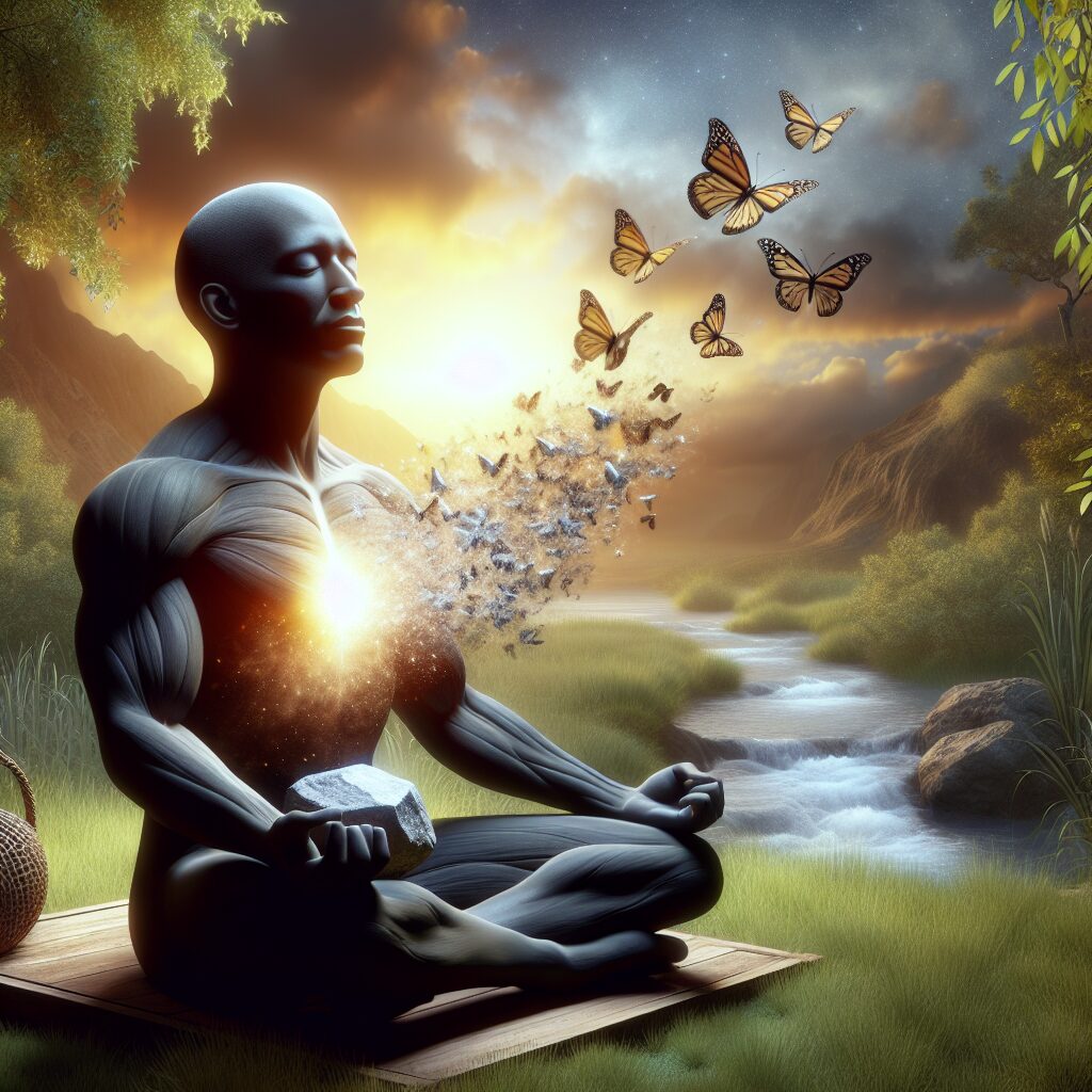 Visual depiction of a mature human figure sitting in a serene natural setting, eyes closed in meditation. The figure, a black male, emanates a radiant glow, representing inner peace and tranquility. On his chest is a heavy stone representing 'weight,' gradually dissipating into a cloud of butterflies taking off towards the sky, symbolizing the release of burdens and the journey towards inner peace. Surrounding the scene are elements of nature in harmonious balance - trees, a stream, a sunset - adding to the overall calming and peaceful atmosphere.