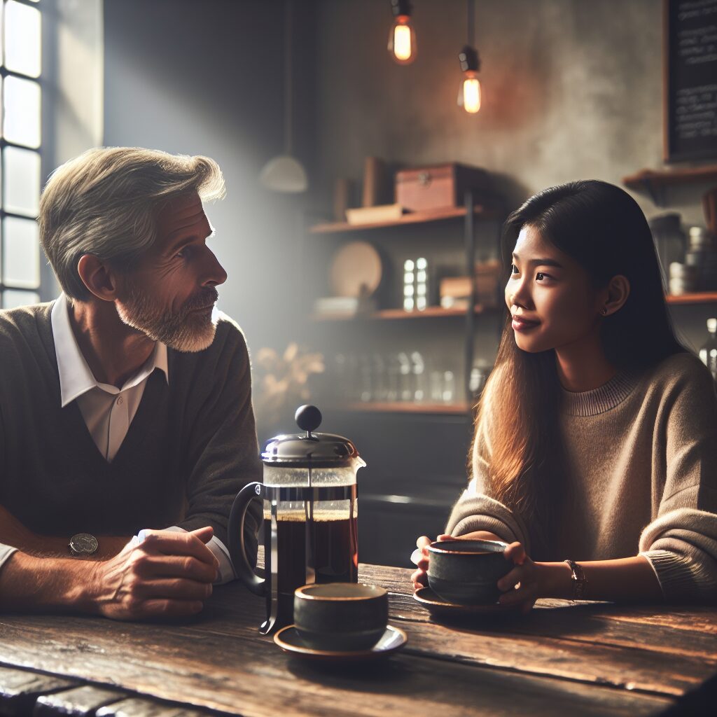 A serene image of a middle-aged Caucasian father and his adult South-Asian daughter sitting at a rustic wooden table in a cozy coffee shop. They are engaged in a warm conversation, the father listens attentively as the daughter passionately talks. On the table, there's a French press pouring dark aromatic coffee into two ceramic mugs. A faint shine from the window illuminates the scene, creating a comforting ambiance. Visible elements of a coffee shop are around, like bookshelves, potted plants, and a chalkboard with written coffee quote.