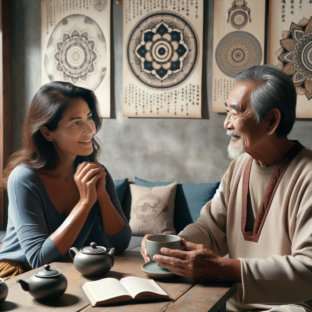 Depict an emotionally-charged scene inside a cozy caf&eacute;, focusing on a poignant encounter between a middle-aged, South Asian woman and her elderly Asian father. They are seated at a wooden table, sipping on fragrant cups of coffee. The woman is in casual attire, her face lit up by warm understanding, while the father, dressed in simple traditional clothes, shares wisdom with a serene smile. The atmosphere is calm and uplifting, echoing the theme of spiritual balance. The walls adorned with symbols of spirituality - mandalas, zen circles, an open book disclosing the secrets of spiritual equilibrium.