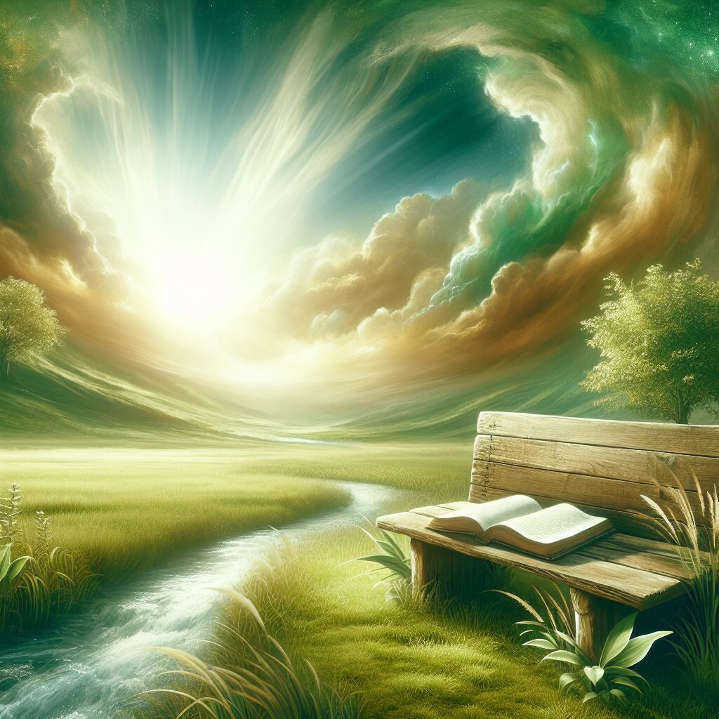 Show a tranquil and serene illustration that reinforces the theme of spiritual rest and divine comfort. It could feature a serene landscape with lush, green fields under a light-filled, heavenly sky, signifying peace and tranquility. In the foreground, there's a medium-sized, rustic wooden bench on which a book with pages flowing with the wind rests, implying wisdom and solace found in the divine. A calming stream should be flowing nearby, symbolizing an uninterrupted connection with God. Avoid descriptions of specific deities or religious symbols.