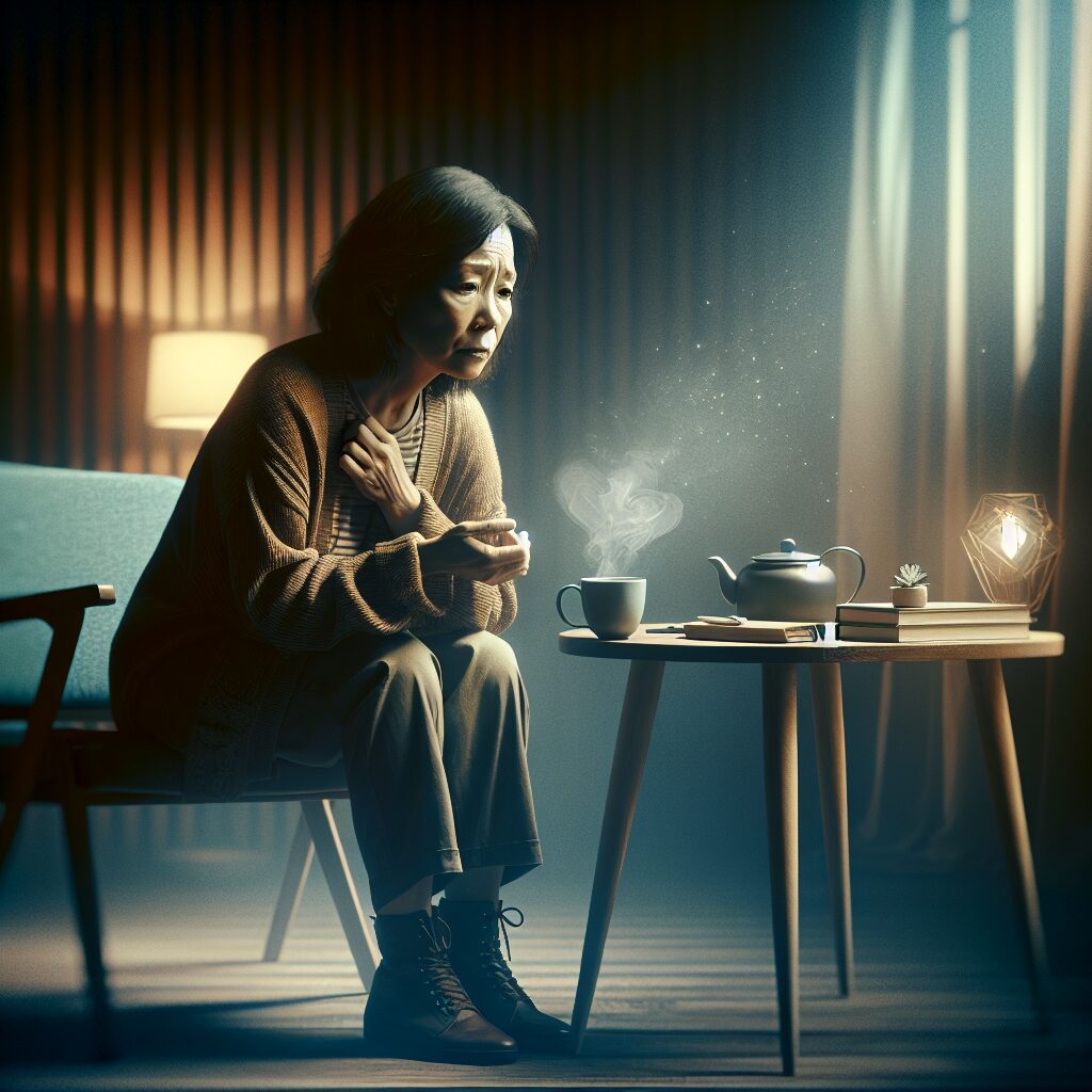 Visual representation of a middle-aged Asian woman sitting alone in a dimly lit room, in profound thought. She's holding a cup of tea, symbolizing warmth and comfort, and there's an empty chair across from her, indicating an invitation for help or conversation. On the table, lay a few self-help books and a notepad, suggesting she's researching or seeking advice. Distinct facial expressions showcase her struggle in asking for help, while the room's ambiance reflects her solitude and contemplation.