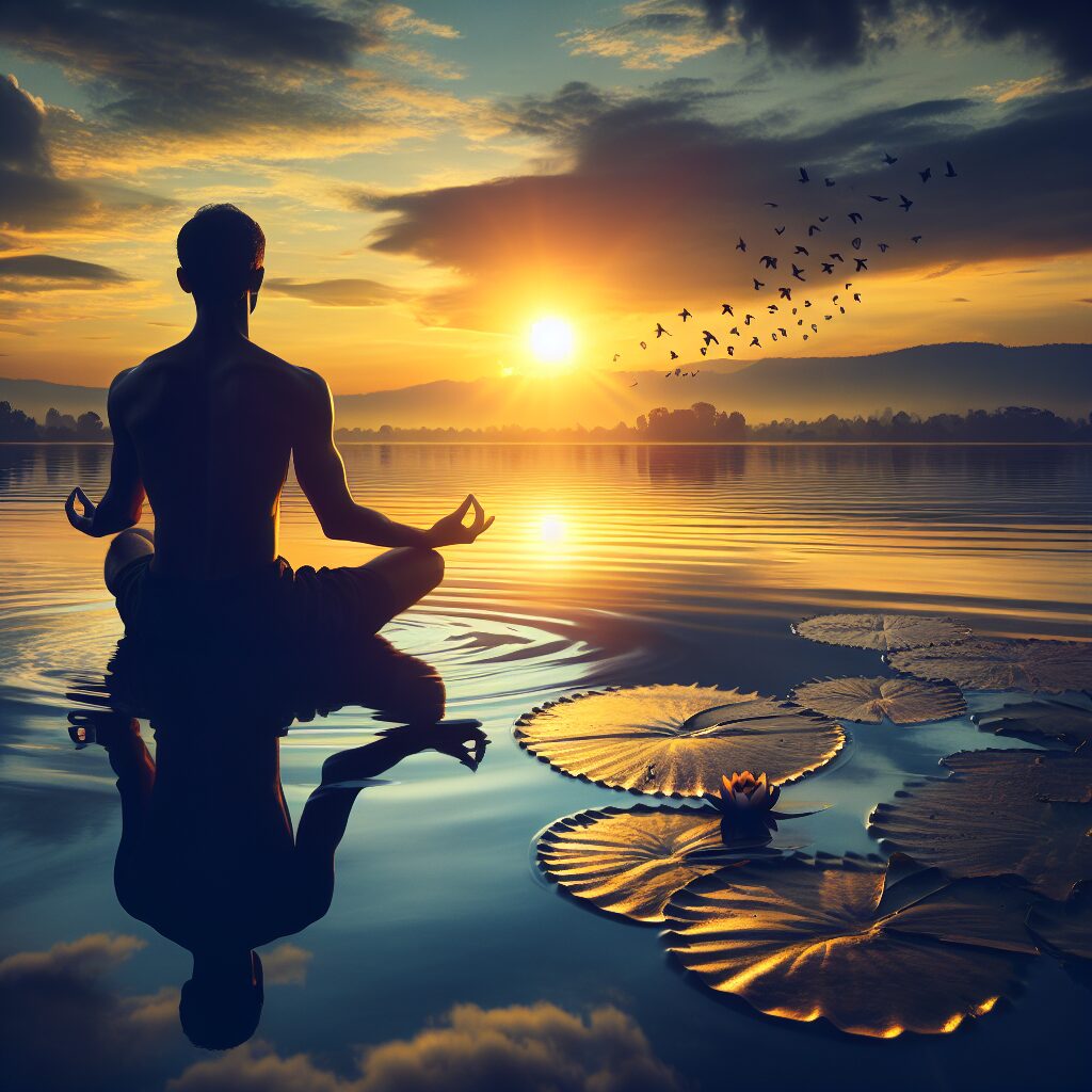 Create an image that symbolizes inner peace and its transformative power. It should depict a serene, tranquil environment, such as a sunset over a calm lake with a person of South Asian descent meditating on the shore. The individual should be sitting cross legged, eyes closed, in tranquil concentration. The sky should have hues of orange and yellow blending with the calm blue waters. Additional details could include lily pads on the water, birds soaring in the sky and a gentle breeze creating ripples on the surface of the water. This scene epitomizes the harmony and tranquility that symbolize the concept of inner peace.