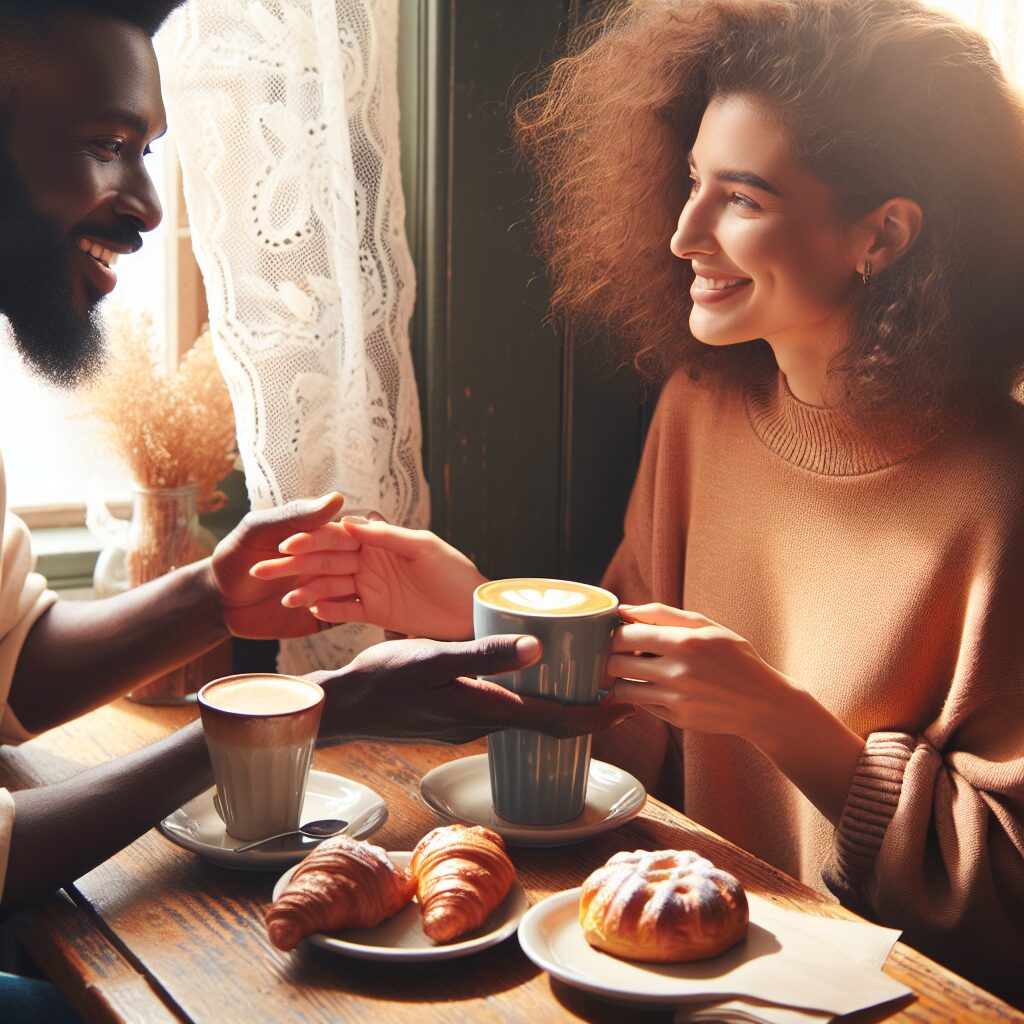An image depicting a warm, rejuvenating scene inside a cosy caf&eacute;. An African descent man and Canadian descent woman are sitting across a wooden table enjoying their morning coffee. The man is gently holding his cup with one hand, the woman smiling as she extends her hand towards the man expressing gratitude. The background is filled with soft light filtering through the lace curtains, highlighting the shapes of danish pastries and aromas of freshly brewed coffee in the air.