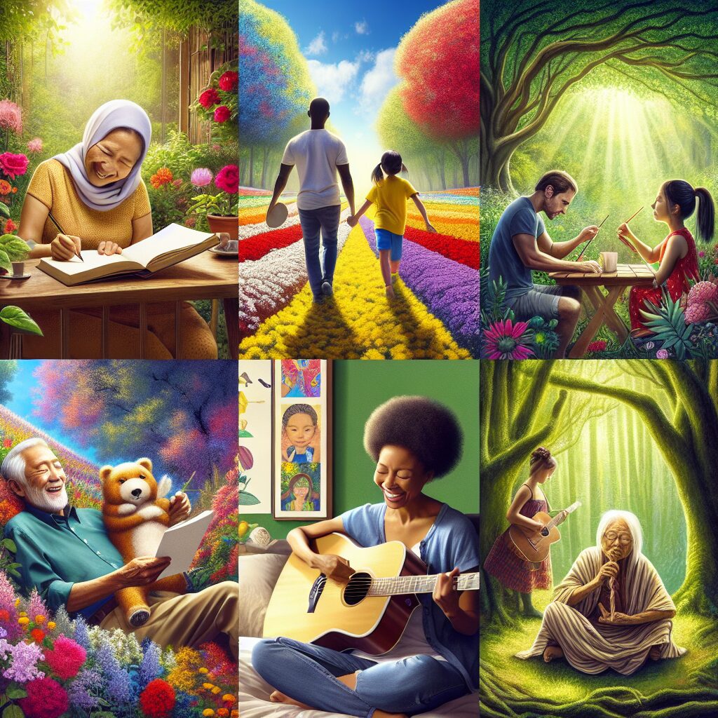 Generate an impactful image that depicts the concept of living a meaningful and joyful life. The image should include a diverse set of five individuals engaging in activities that they are passionate about. Capture them in mid-laugh or enjoyment - a South Asian woman tending to a bright, colorful garden filled with a variety of flora, a Black man enjoying the serenity of reading literature under the dappled sunlight of a giant oak tree, a Middle-Eastern child indulging herself in painting on a blank canvas, a Caucasian man absorbed in playing an acoustic guitar, and a Hispanic elder woman peacefully meditating in the gentle embrace of nature.