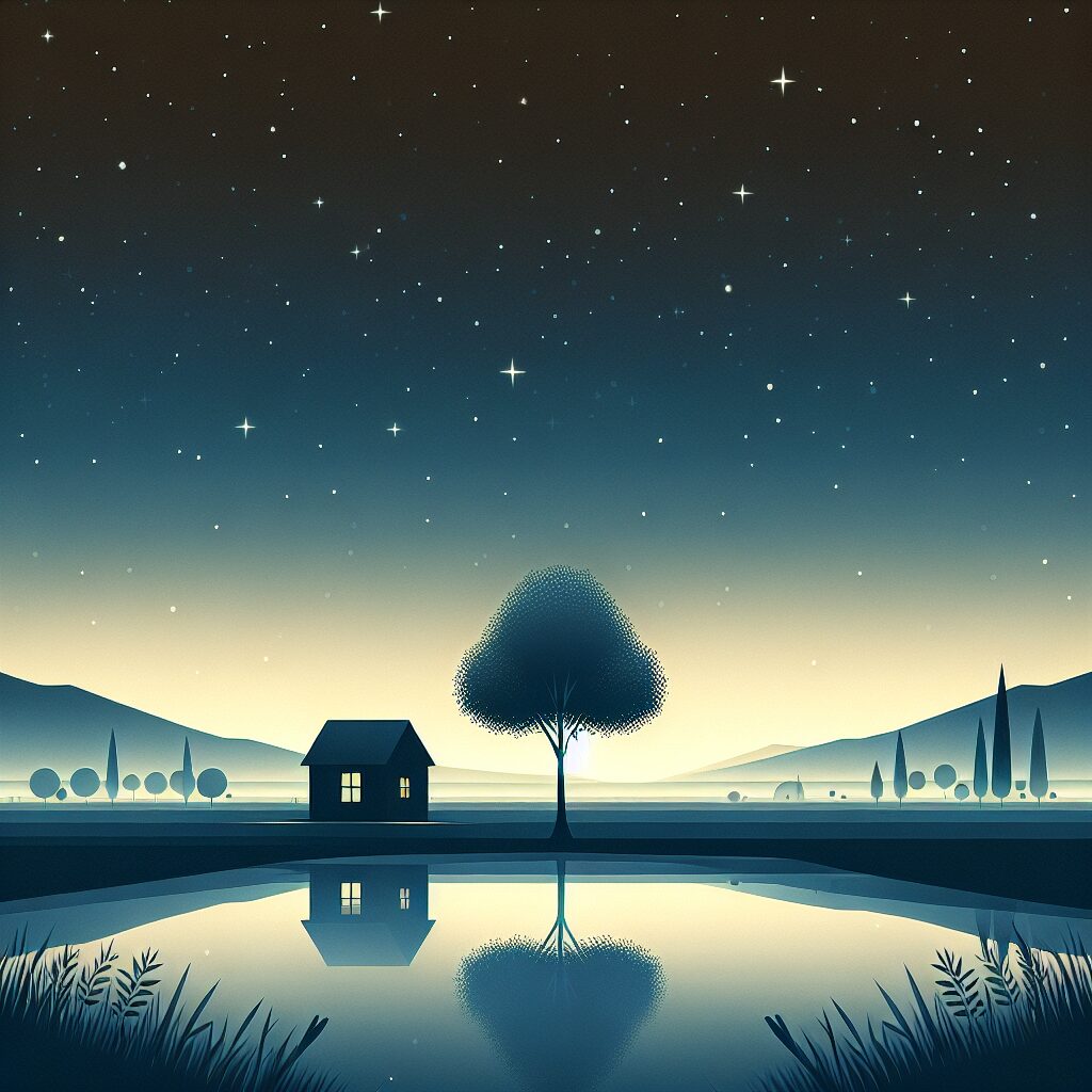 Illustrate the concept of finding profound beauty in simplicity. The image should depict a tranquil scene, perhaps a peaceful landscape characterized by minimalist design. Such as a single tree standing tall and proud in the midst of an open plain or perhaps a small, modest house in the countryside under the serene night sky speckled with stars. It should be a visually inviting scene that encapsulates the essence of simplicity and elegance, yet in its minimalism, it should reveal a profound beauty that resonates deeply with beholders.
