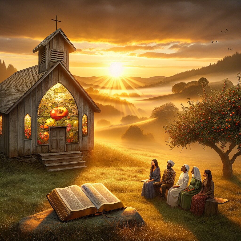 Visualize a tranquil countryside scene with a radiant sunrise peeping over the hills, casting a golden hue on the dew-kissed grass. In the foreground, a small wooden rustic church with stained glass windows reflecting the morning light stands as a symbol of faith. An open bible rests on a simple stone bench near a blooming apple tree, signifying divine revelation. A diverse group comprising of a South Asian woman, a Middle-Eastern man, a Caucasian elderly gentleman, and a Black child, all immersed in the beauty of the commonplace, signify God's revealing presence in everyday life.