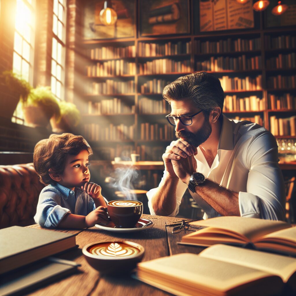 Create an image depicting a serene and inspiring setting of a coffee shop. In the foreground, a cup of steaming hot coffee sits on a wooden table. A father and child duo, of Hispanic descent and Caucasian descent respectively, are engaged in deep conversation. They are surrounded by books and papers, symbolizing an environment of learning and revelation. The aesthetic is warm, inviting and full of encouraging vibes. Sunshine filtering through the windows adds to the ambiance, highlighting the rich aroma and the emotions of this moment. No names or distinctive characteristics should be included, respecting individuals' privacy.