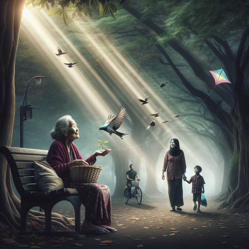 A deeply evocative image that displays the essence of divine intervention and inspiration in everyday life moments. In the quiet setting of a public park, a senior woman of Asian descent sitting on a bench, feeding birds from her open palm, her face filled with tranquility. A couple of South Asian descent strolling along the park's path, their hands clasped tightly together signifying love and connection. A young boy of Black descent is flying a kite nearby, his expression one of pure joy and innocence as the colorful kite dances in the sky above. Gradual light beams breaking through the dense tree leaves symbolize divine guidance.