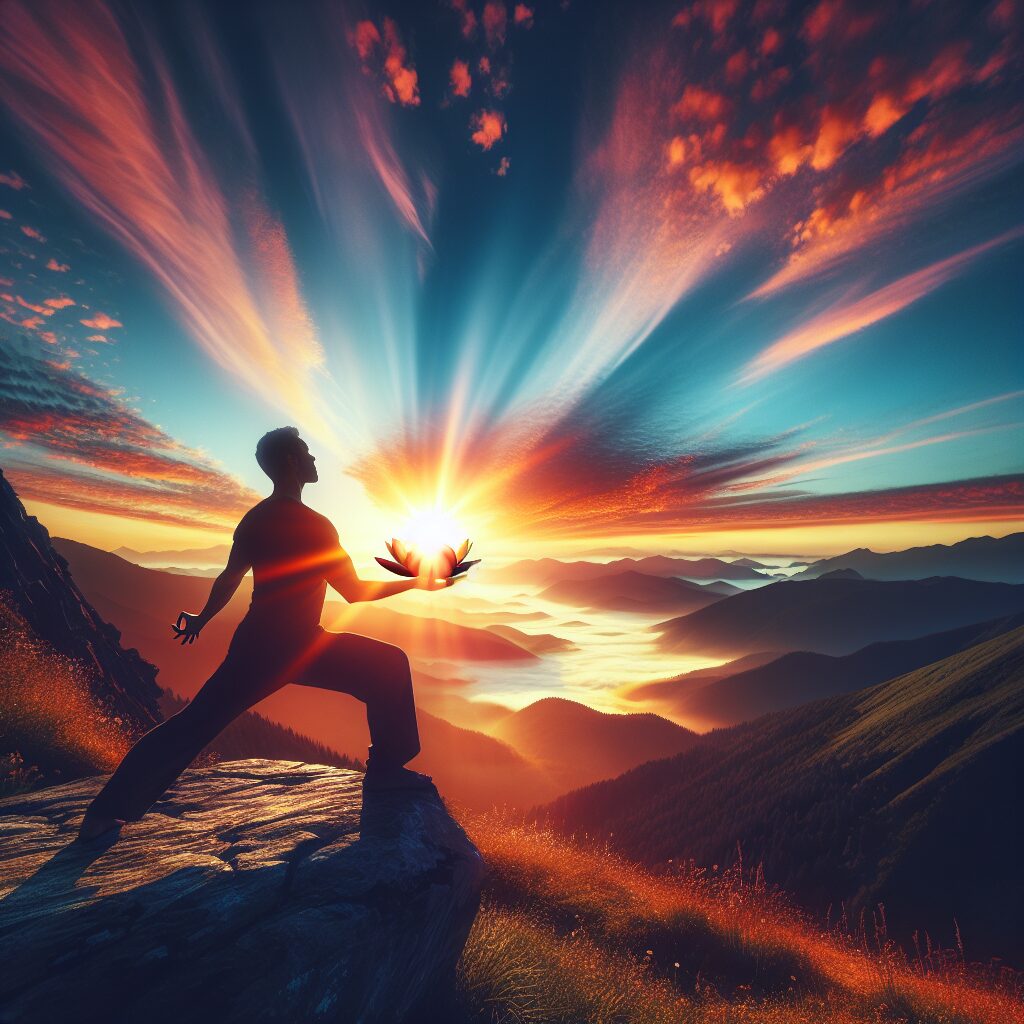 Visualize a vibrant and meaningful image that embodies the essence of self-transformation and profound inspiration. The scene unfolds at sunrise, a symbolic start of a new day. An individual of Hispanic descent is positioned in a power yoga pose on a serene mountain peak, overlooking a vast landscape that starts to glow in the morning light. The person is noticeably caught in deep thought, radiating positivity, energy, and hope. In their hand, they hold a blooming lotus flower, a universal symbol of rebirth, resilience, and the ability to flourish despite adversity.