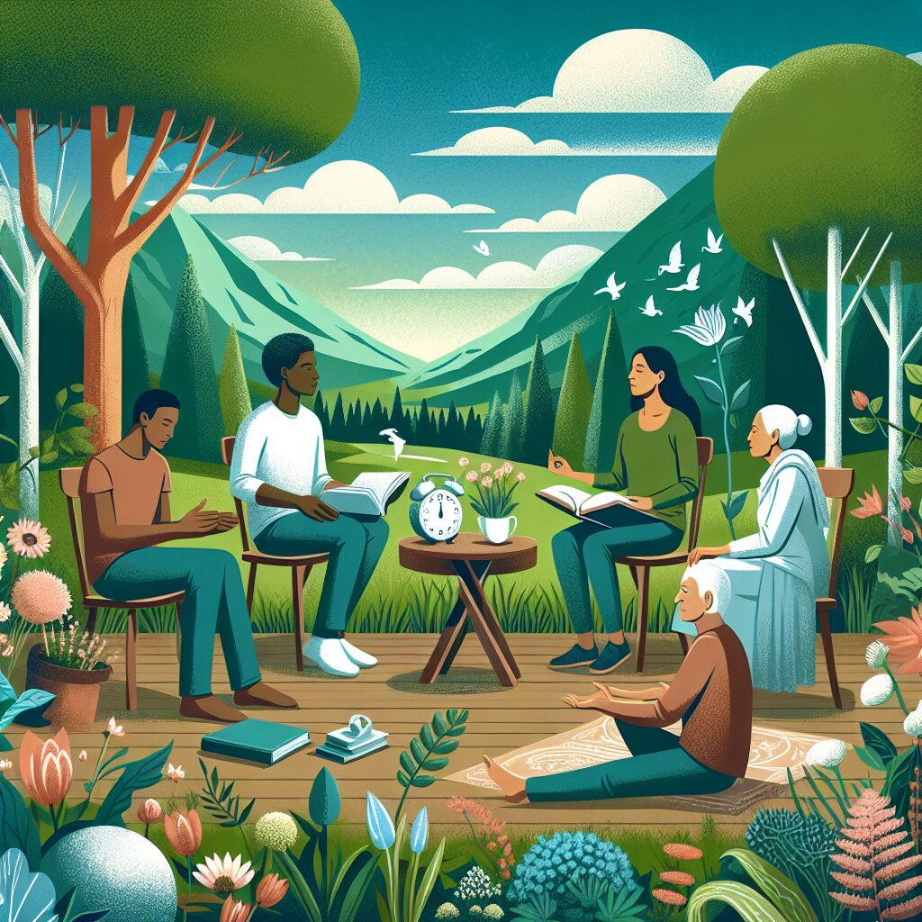Illustrate a picture that represents the concept of 'Resting with Purpose: An Inspiring Journey'. Include an image of a diverse group of four people, two male and two female. Let one male be Caucasian and the other Black; for the females, make one Hispanic and the other South Asian. These four people are in a peaceful, serene outdoor setting such as a beautiful garden or lush forest. They are engaged in calming activities like reading, meditating, and yoga, and are also meaningfully interacting with each other, reflecting the balance between rest and purposeful engagement. The scenery should highlight the passage of time and changing seasons to signify the journey aspect. Natural elements such as creeping vines, blooming flowers, tall trees, and perhaps a distant mountain range give a sense of tranquility, inspiration, and the organic process of personal growth.