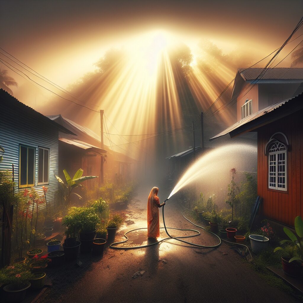 Picture an inspiring scene where an ordinary daily routine transforms into a sacred event. Visualize a residential street with houses lined up on both sides. Early in the morning, a woman of South Asian descent is watering the garden. Suddenly, the mundane scene transforms as a shaft of sunlight pierces the otherwise cloudy sky, casting a divine glow on her. The water droplets from the hose are transformed into a silvery mist, creating an ethereal halo around the garden. The sight sparks a sense of reverence and awe in those watching, reminding everyone of the sacredness lurking in everyday life.