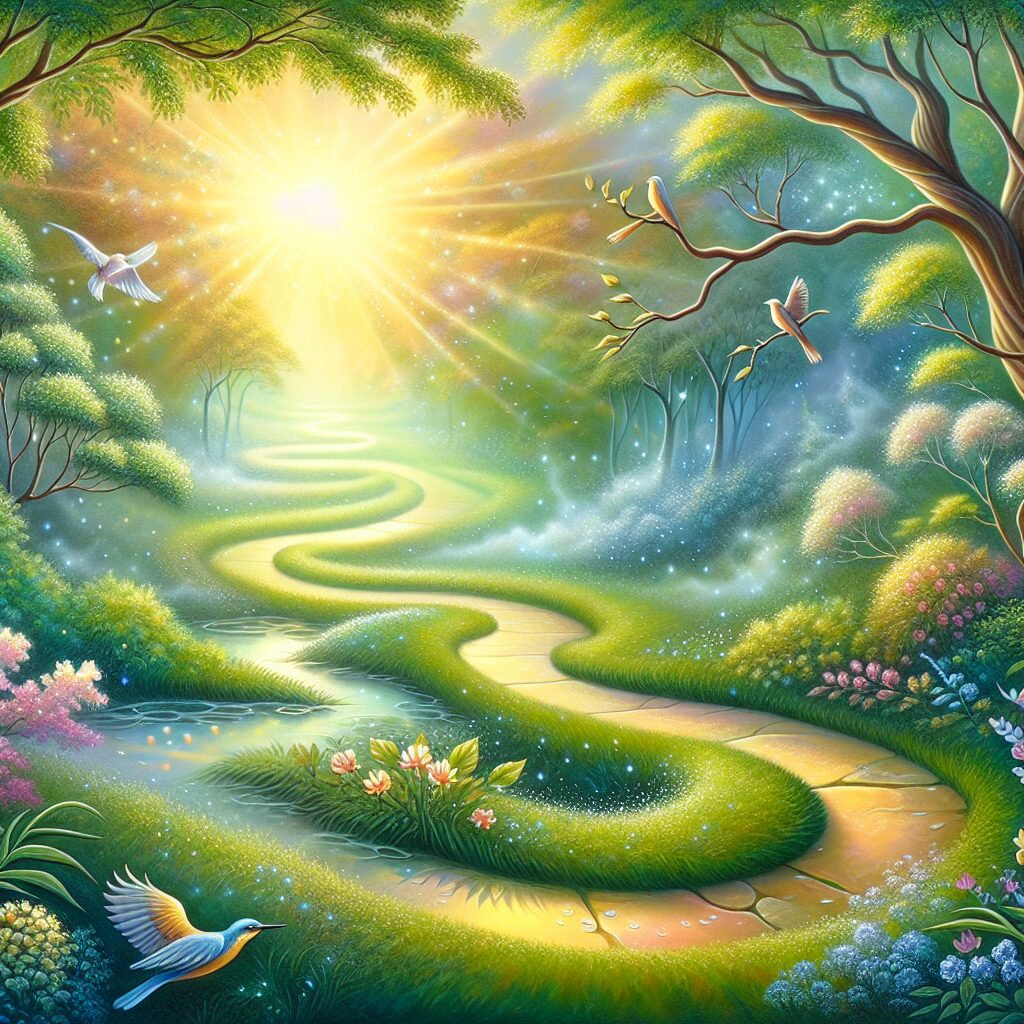 Visualize a tranquil and serine scene depicting spiritual lightness and transformation. The setting is a peaceful forest bathed in soft, inightful morning light. In the foreground, there is a narrow, windling path moving through the vivid greenery and leading towards an increasing radiant light shimmering in the distance. Birds are perched on tree branches, tweeting harmoniously in the still air. A gentle breeze rustles the leaves, and petals from blooming wildflowers are dancing in the wind. Whatever skill level you're at the path to peace and tranquility is always available.