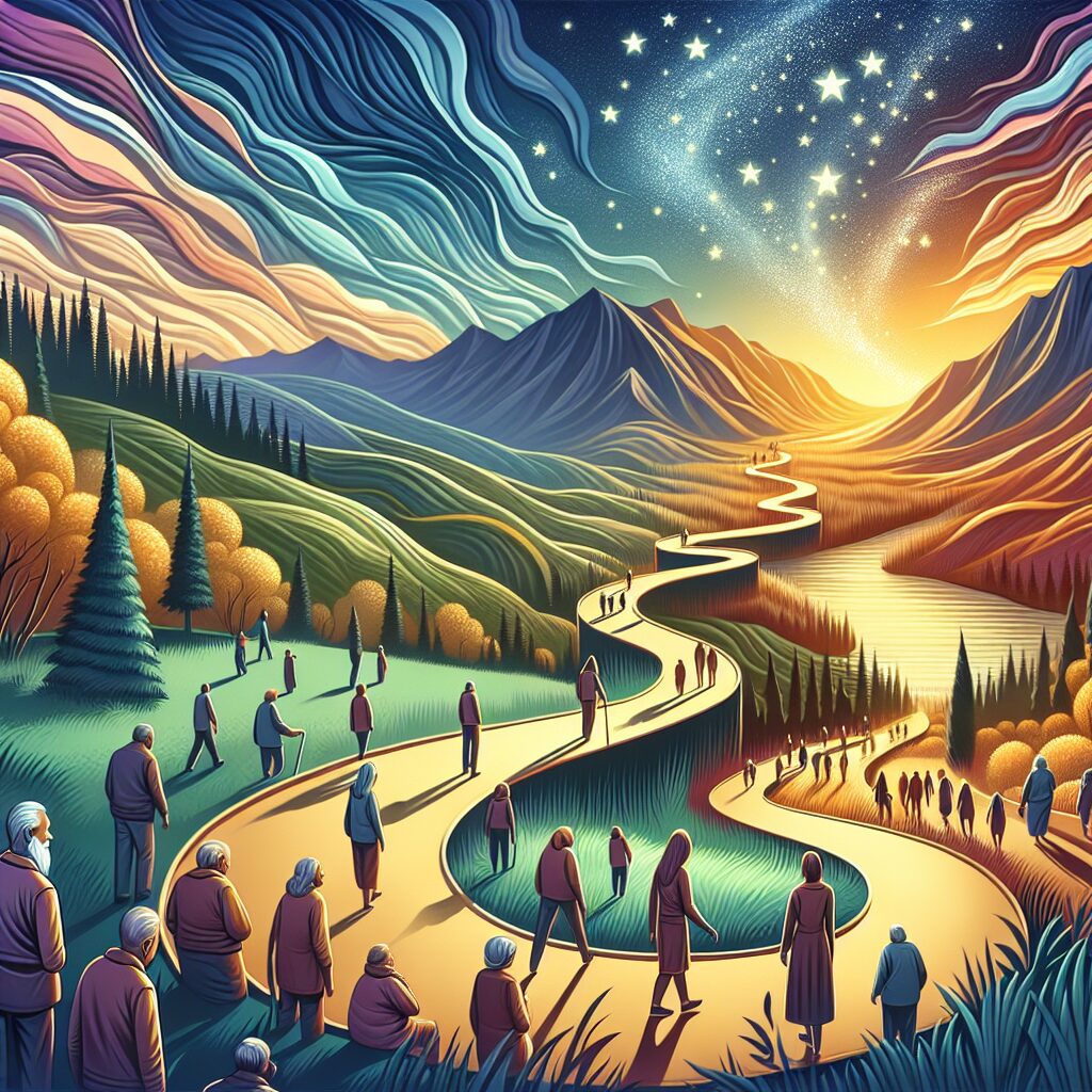 Illustrate an article titled 'Purpose: Discover the Inspiring Alignment of Life'. The image should evoke a sense of inspiration and deep contemplation about life's journey. Think about depicting a winding pathway through a serene natural landscape, representing the journey of life. The path should start in the daylight and end in the night filled with bright stars, symbolizing the concept of aging and wisdom. Fill the scene with a diverse array of people of different ages, genders, and descents, illustrating the idea that everyone is on their own unique journey. The rich color palette should enhance the emotion and helps convey the message of hope and discovery.